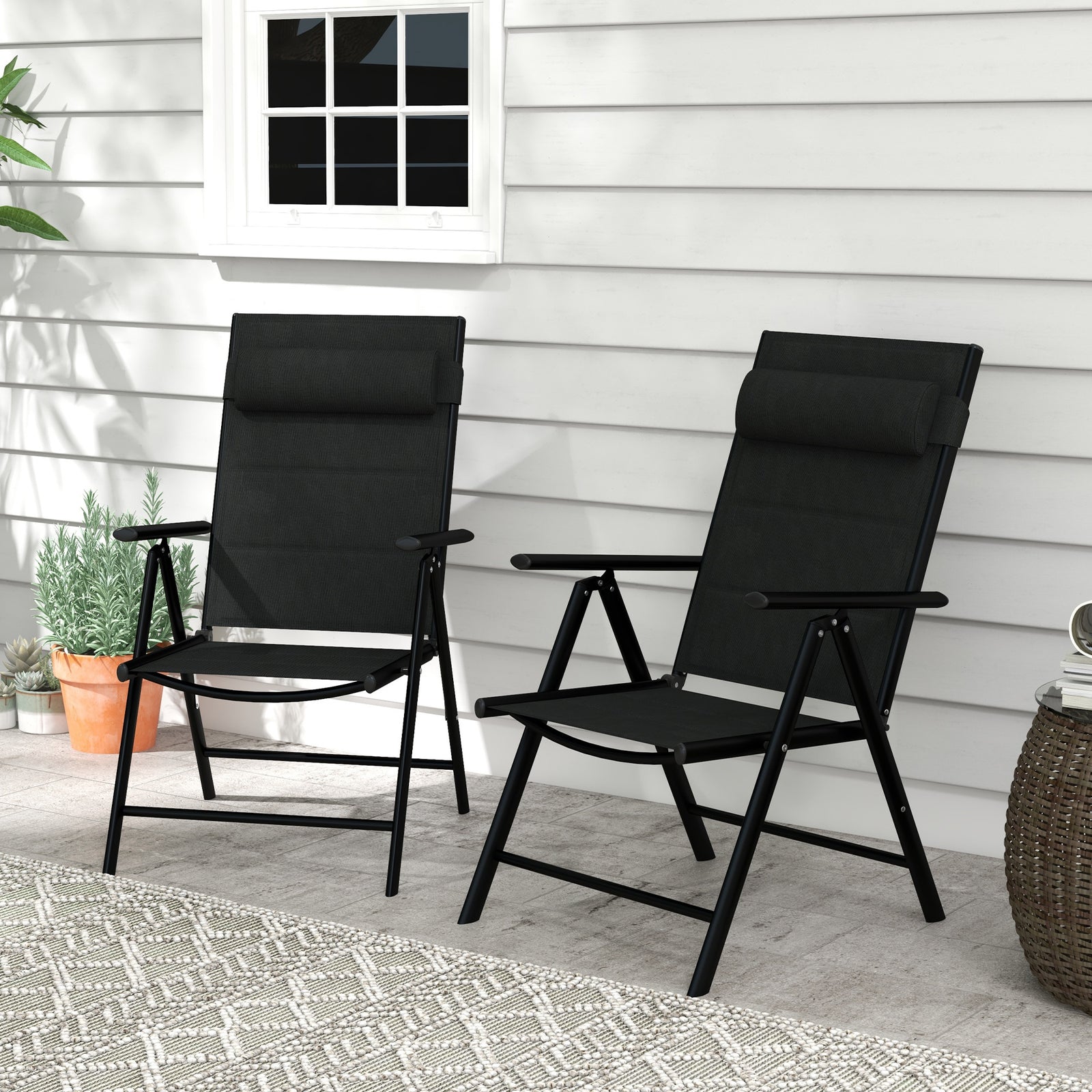 Set Of 2 Patio Folding Chairs With Adjustable Back | Black
