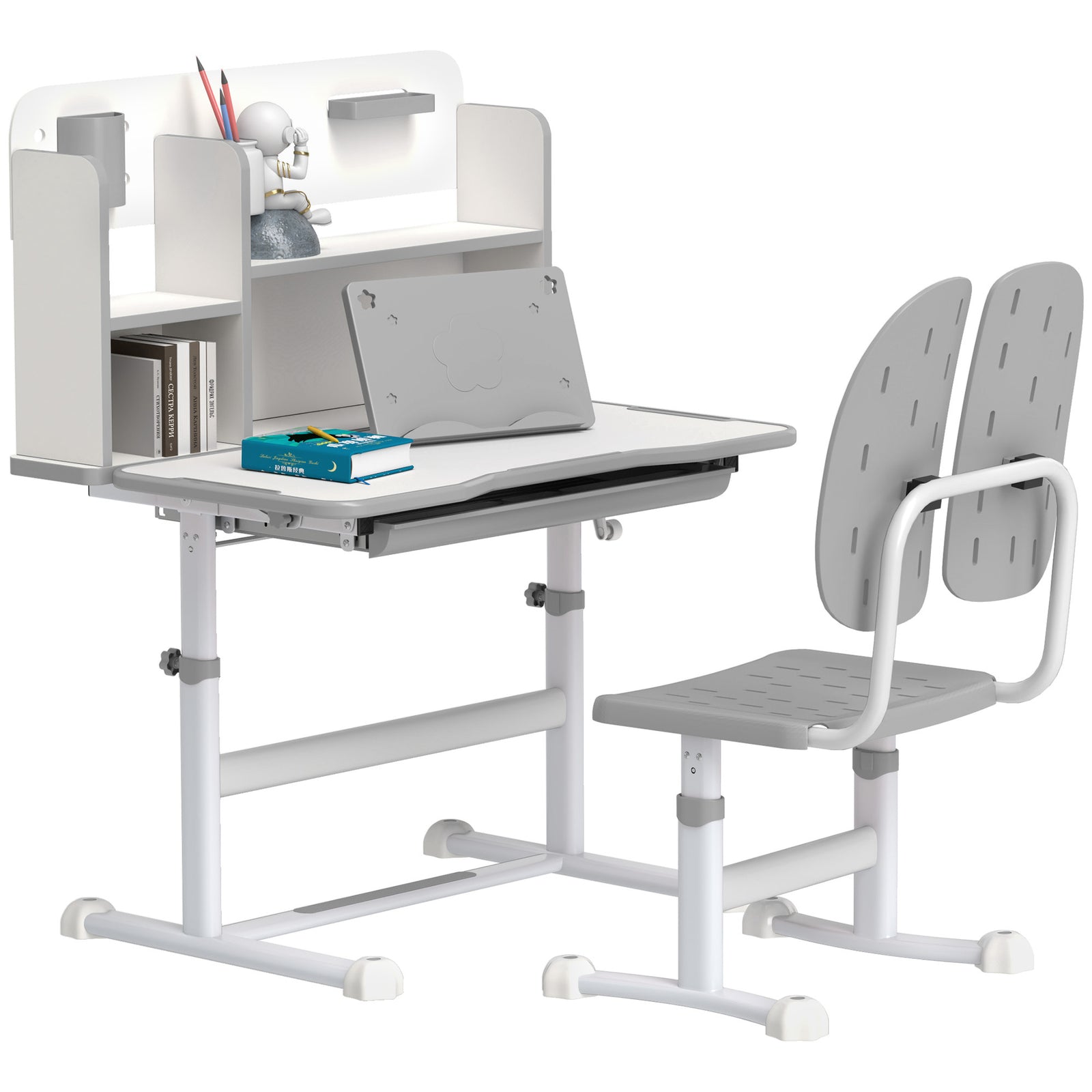 Kids Desk And Chair Set W/ Tiltable Desktop Reading Rack | Grey