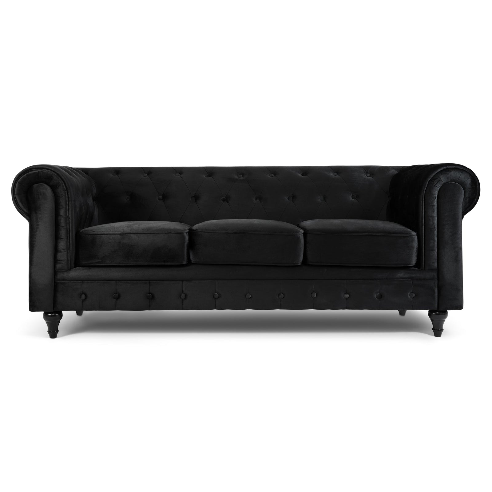 Button Tufted Velvet Living Room Sofa - 3 Seater | Black