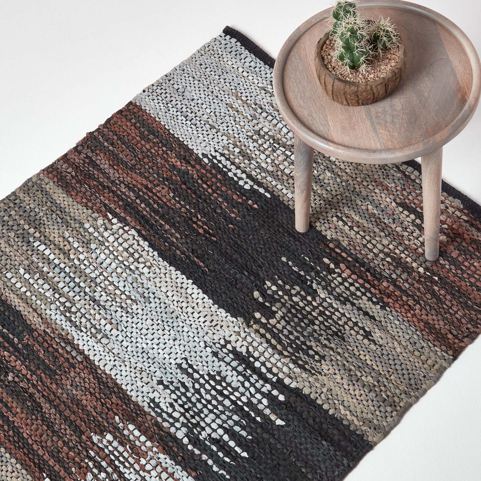 Black, Grey & Brown Real Leather Handwoven Cutshuttle Rug | 120cm x 180cm | Black & Brown