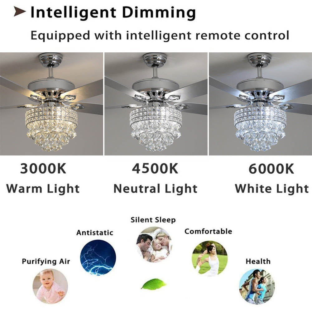 52 Inch Modern Ceiling Fan With Adjustable Led Light & Remote Quiet 5 Blade Fan Fixture