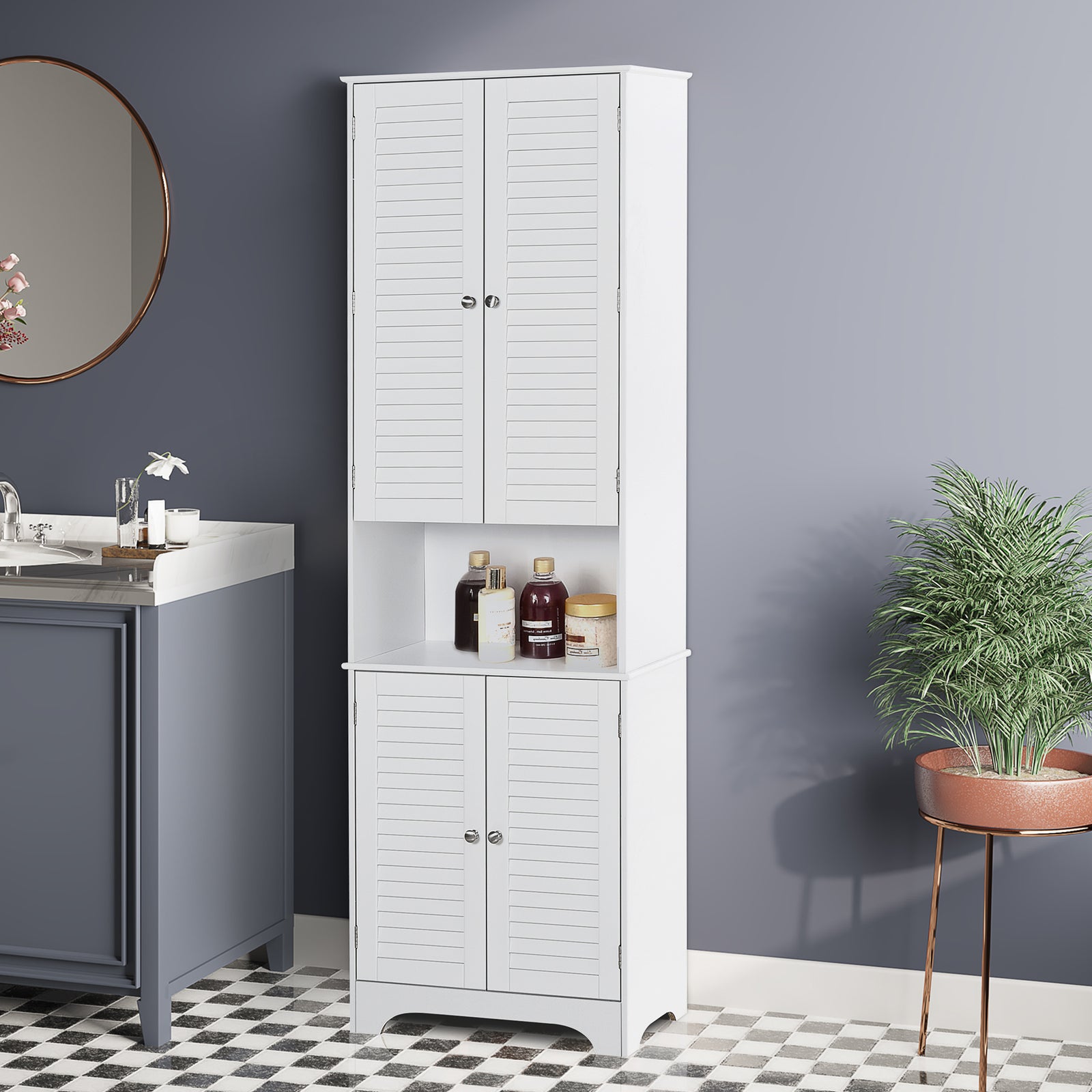 Tall Freestanding Bathroom Cabinet Retro 3 Compartments