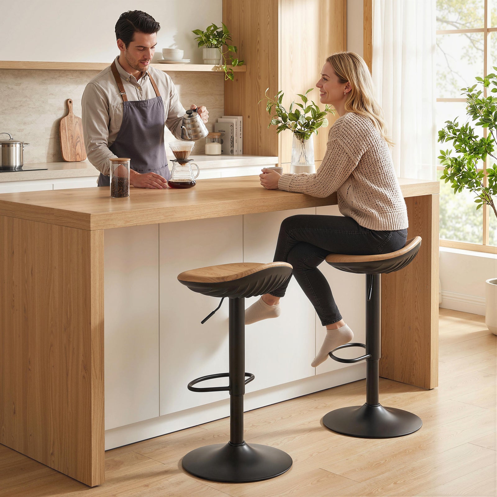 HOMCOM Set Of 2 Breakfast Barstools, Pu Leather Swivel Bar Stools, Oak