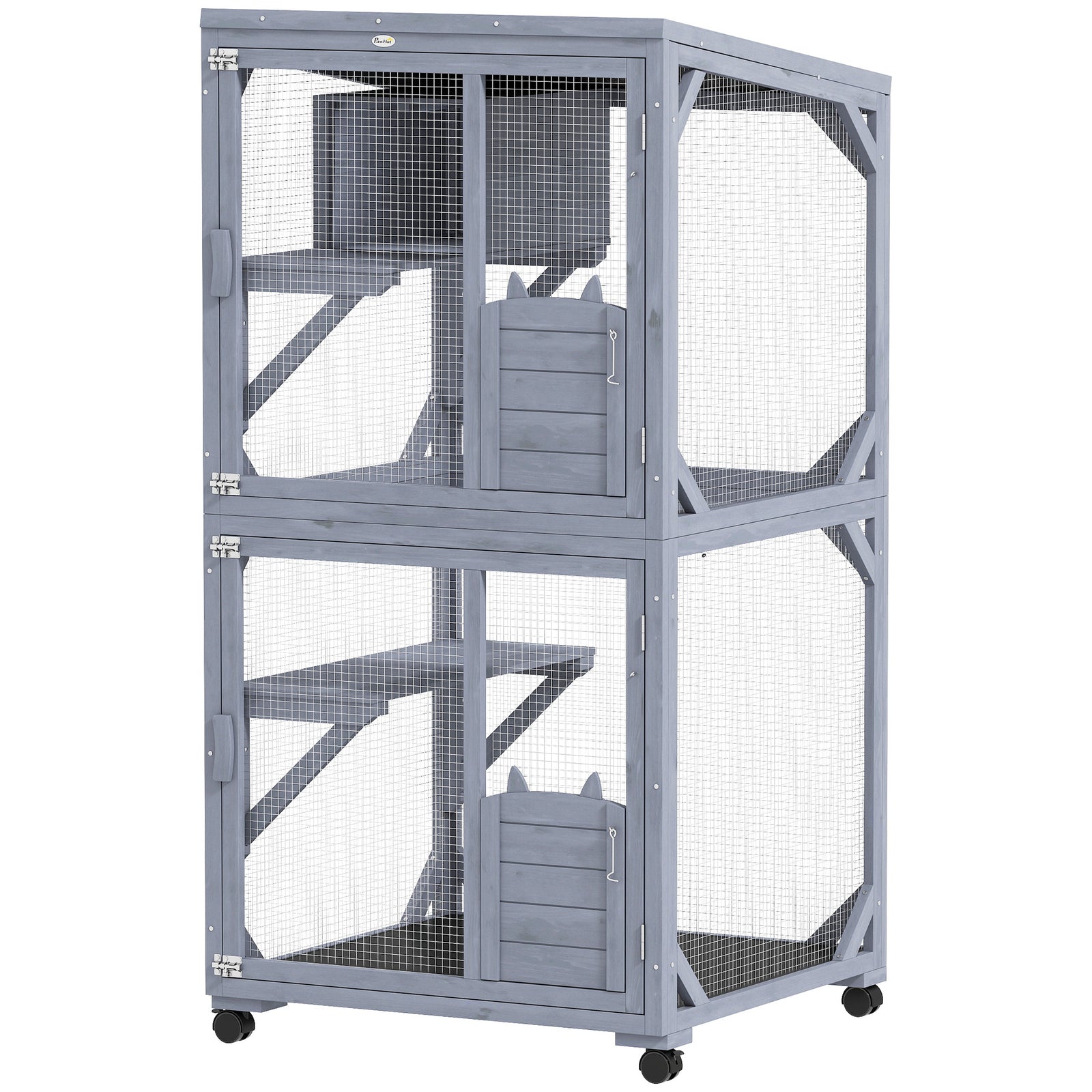 PawHut Outdoor Catio, Wooden Cat House On Exercise Wheels Indoor Outdoor