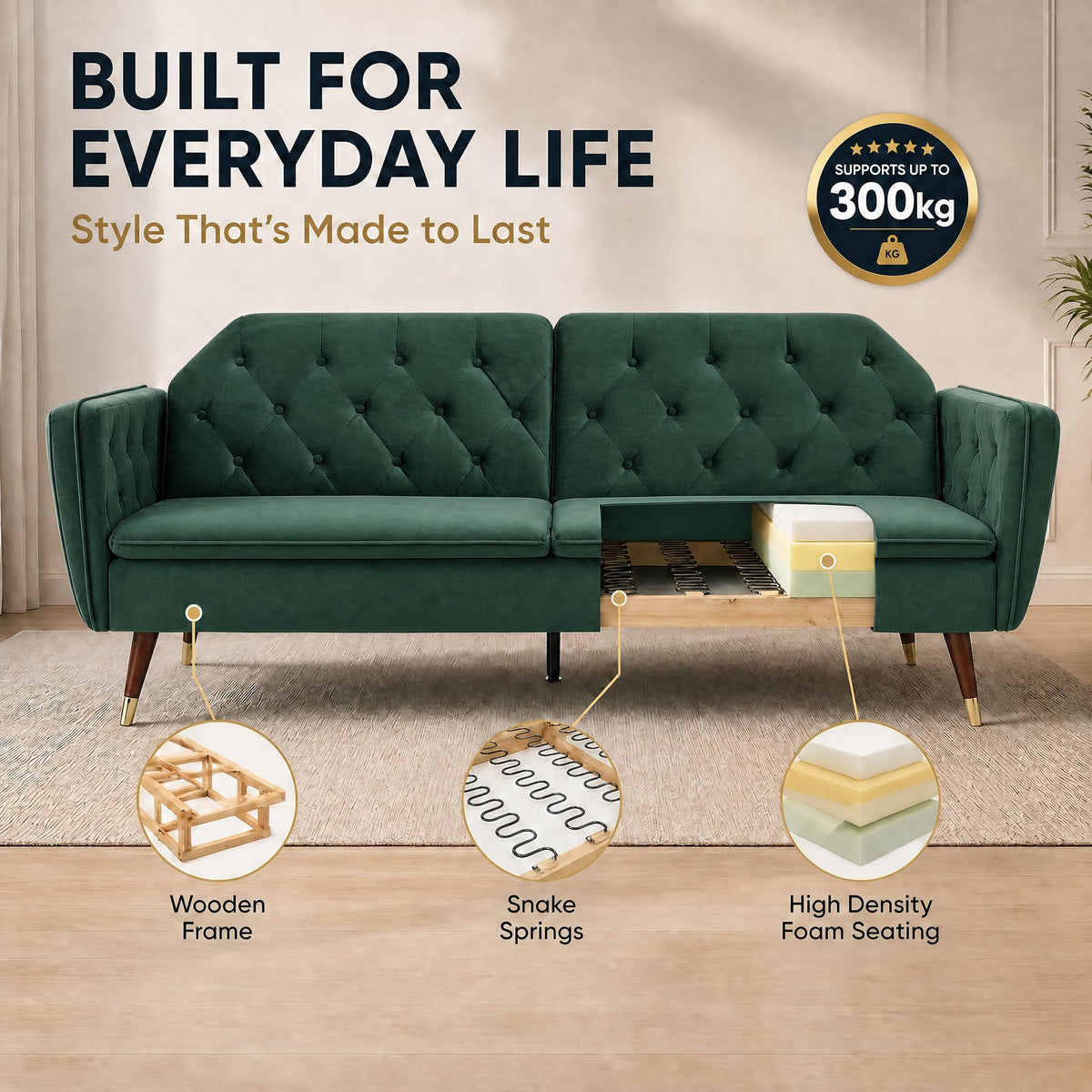 Victoria Velvet Sofa Bed 3 Seater | Green