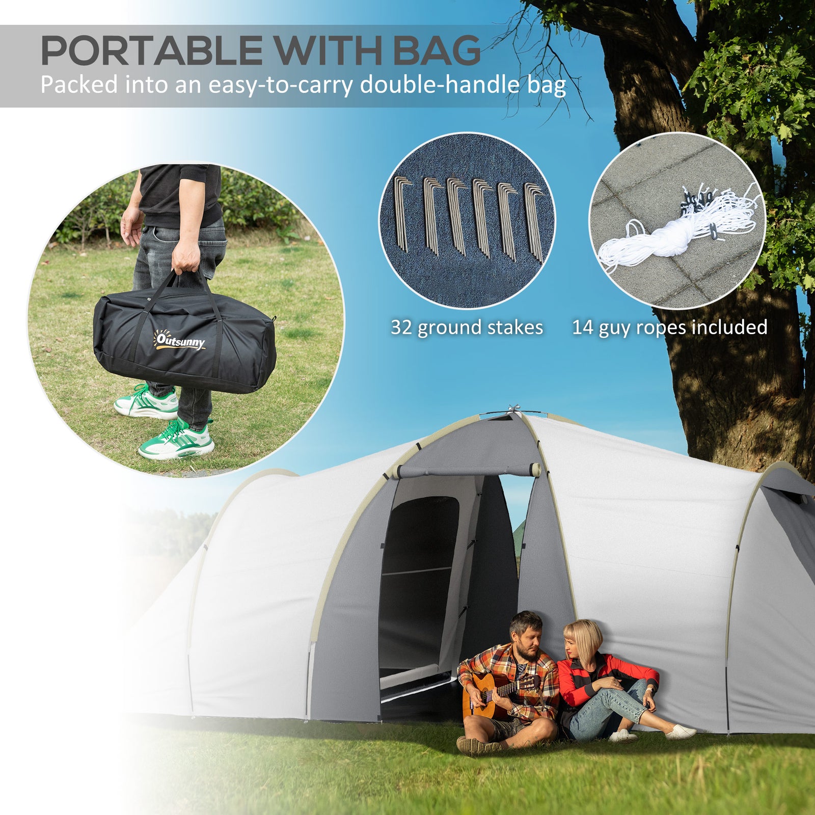 4-6 Man Tunnel Tent, Camping Tent W/ Bedroom, Living Area | Multi Colour