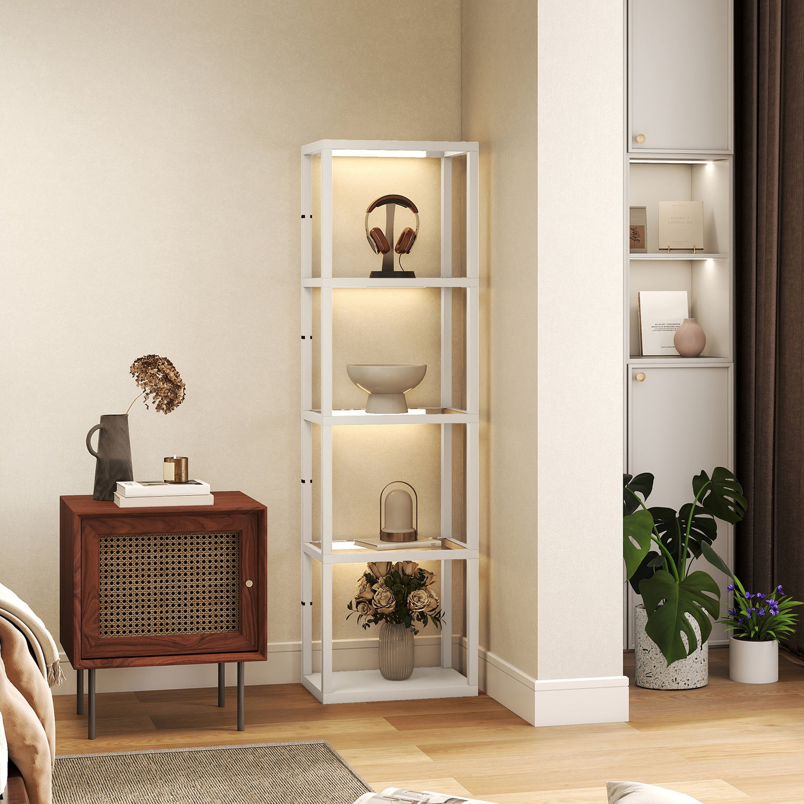 Led Floor Lamp With Glass Shelves, Dimmable Room Lamp | Oak
