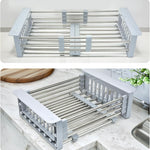 Stainless Steel Retractable Kitchen Sink Rinse Basket Shelf, Grey