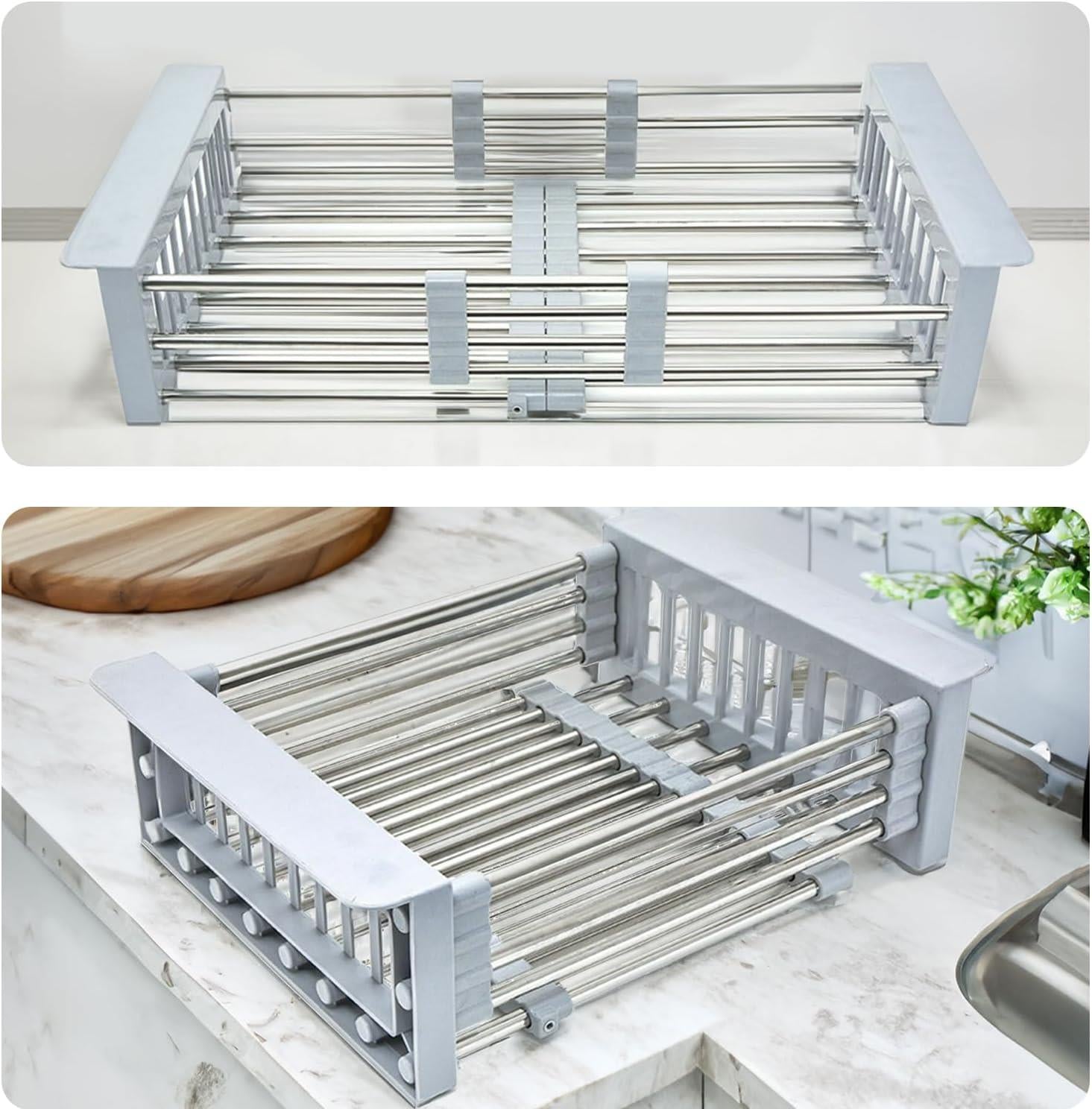 Stainless Steel Retractable Kitchen Sink Rinse Basket Shelf, Grey