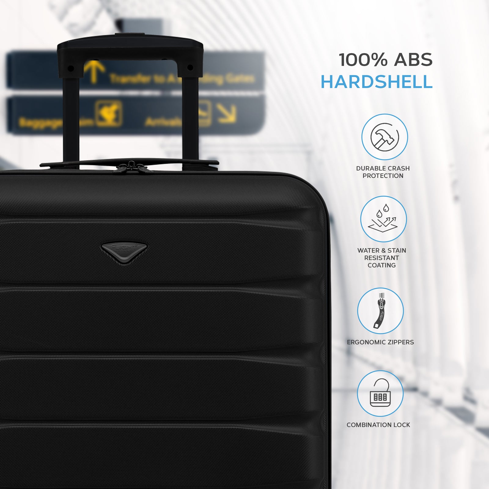 56x45x25cm Large Cabin Carry On Case - Overhead Luggage Suitcase - 4 Spinner Wheels - Abs Shell | 56 x 45 x 25cm | Black