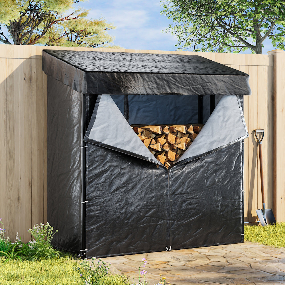 Firewood Rack With Rain Cover Outdoor Galvanised Steel Storage | Large | Black