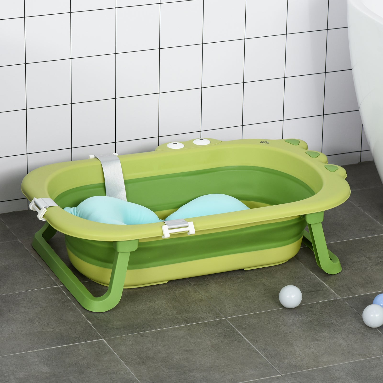 Baby Bath Tub For Toddler Foldable W/ Baby Cushion For 0-3 Years Green