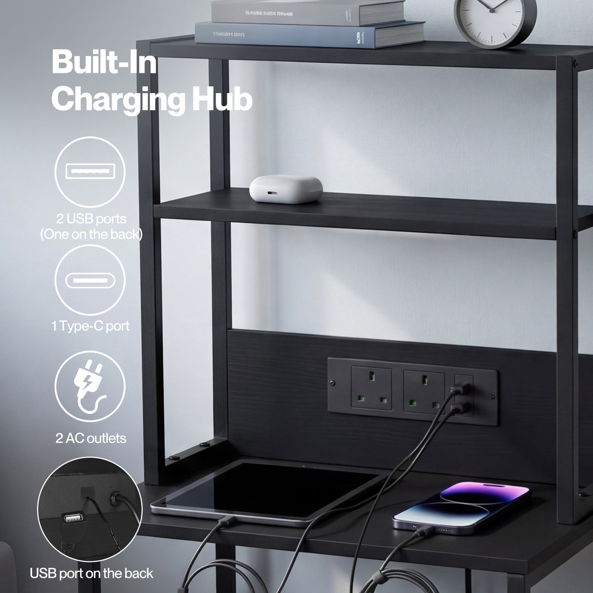 Levede Bedside Table With Charging Station,led Light 2 Drawers Storage Black