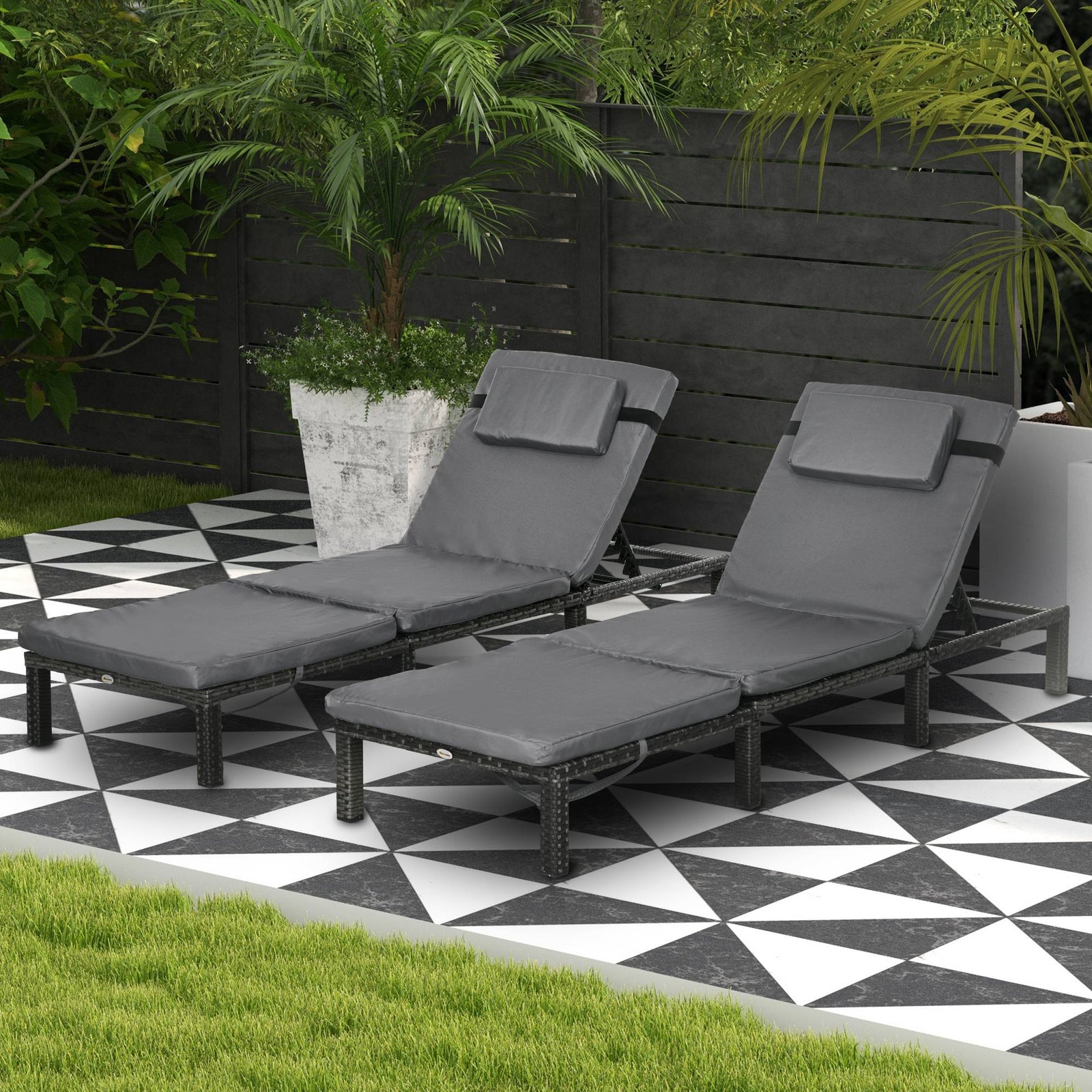 Set Of 2 Rattan Sun Loungers 5-level Adjustable | Dark Gray