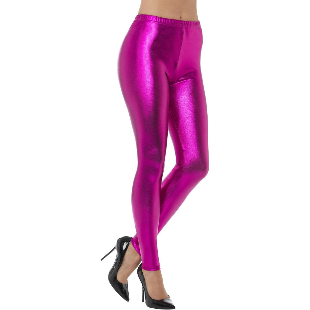 80s Metallic Disco Leggings | Large | Pink