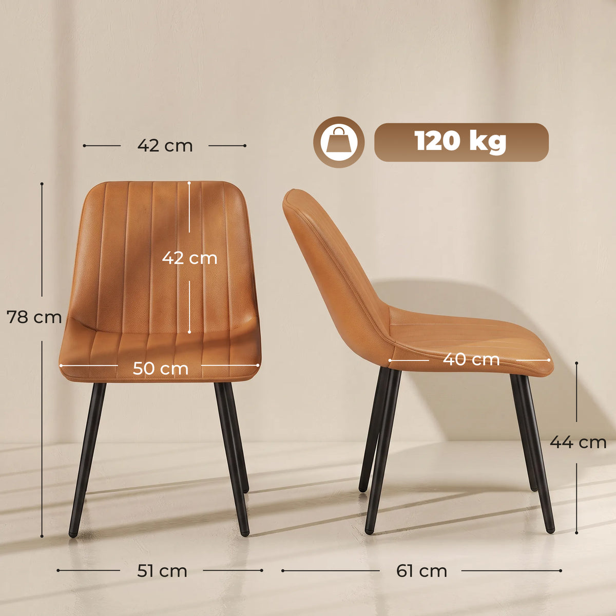 Faux Leather Upholstered Kitchen Chairs With Metal Legs | Brown