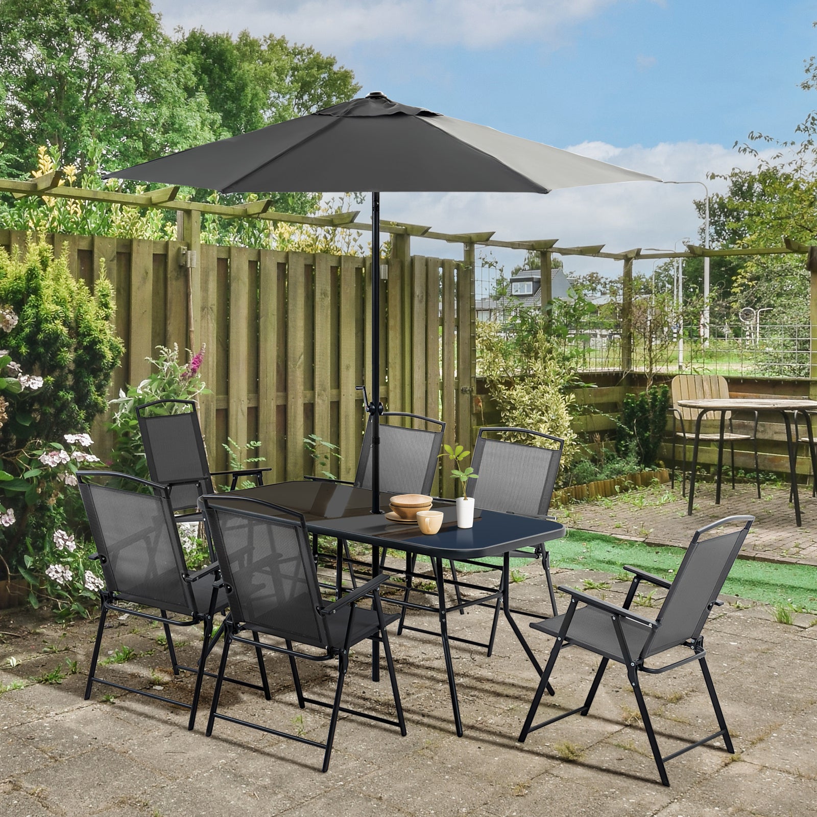 Garden Furniture Set W/ Parasol And Folding Chairs For Patio | 8 | Black