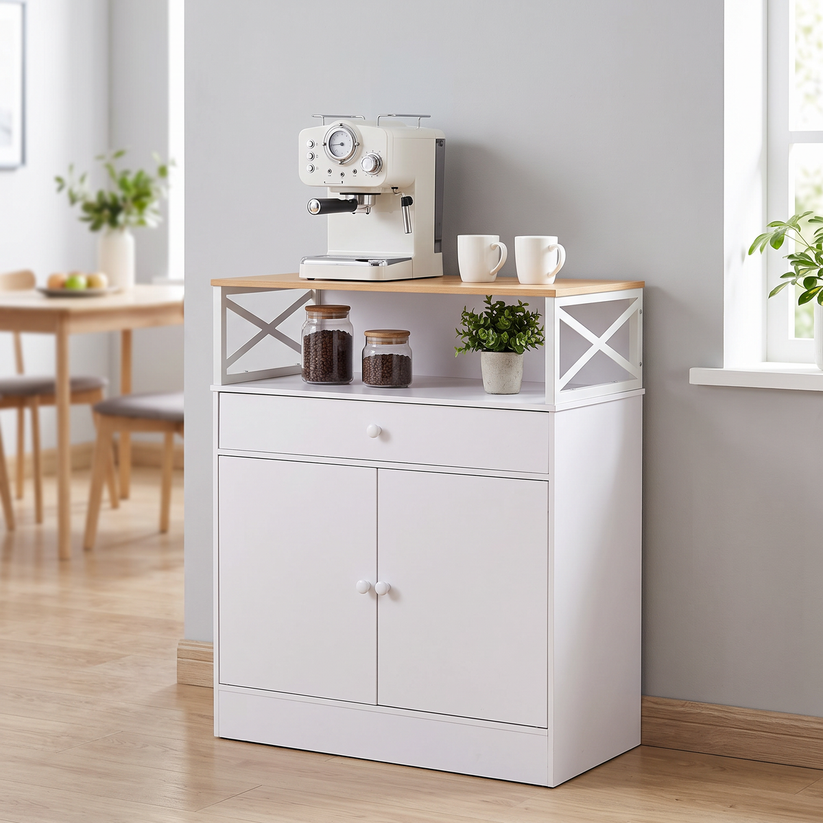 Breeins Modern White Sideboard With Open Shelf, 1 Drawer & 2-door Cabinet