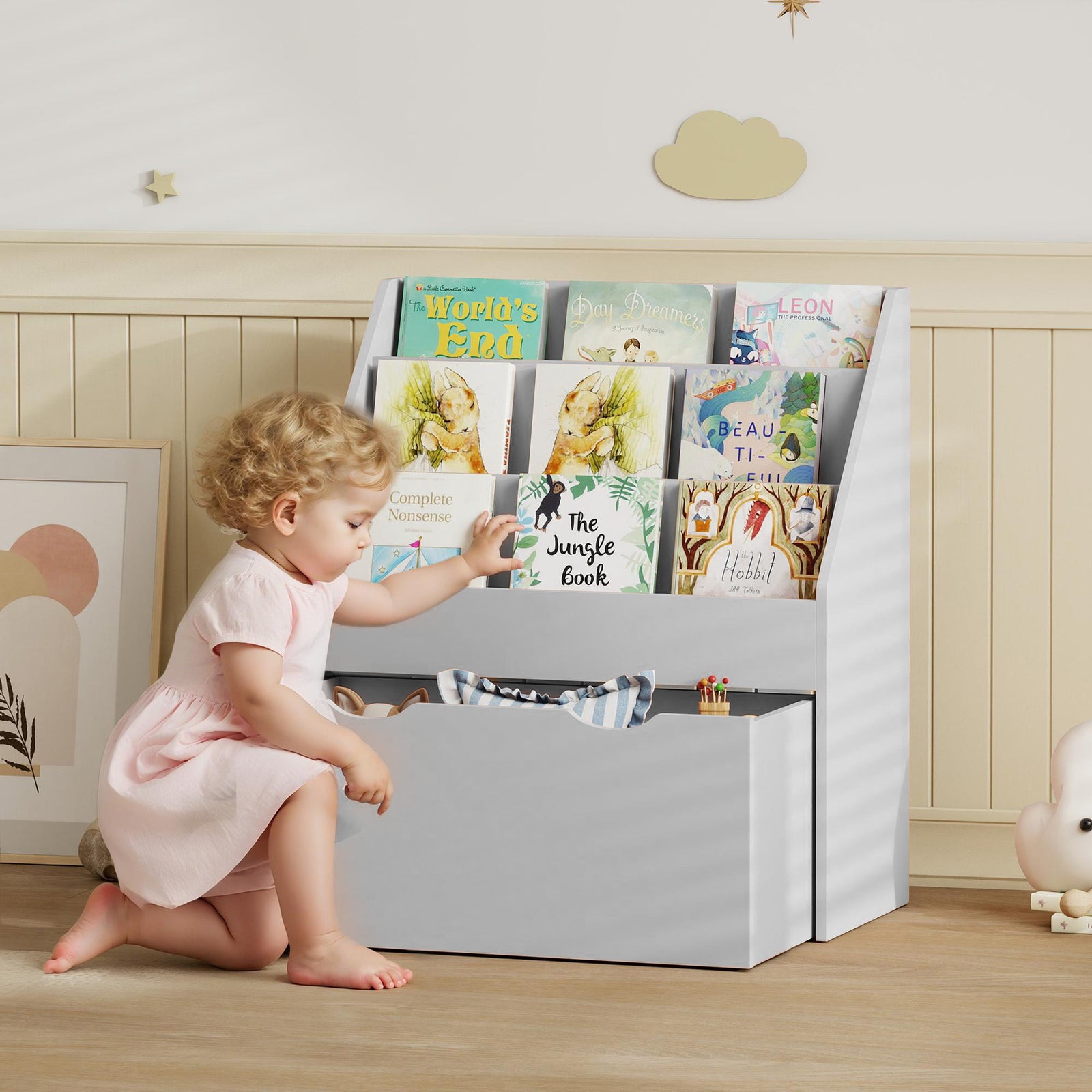 Kids Bookcase W/ 3 Tier Shelves, Drawer, For Bedroom, Nursery | Grey