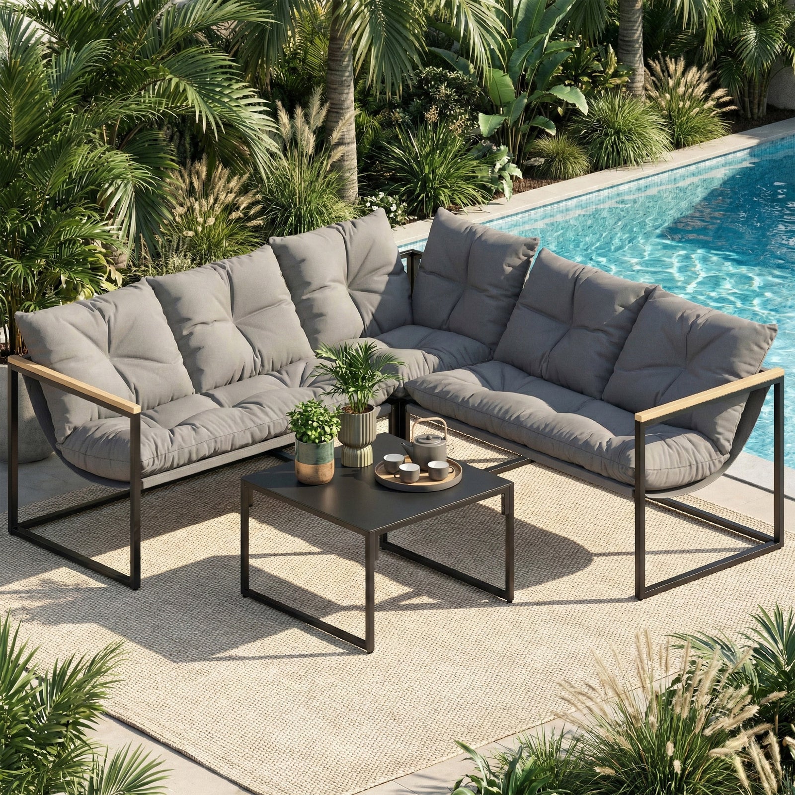 Outsunny 4 Piece Garden Furniture Set With Cushions Coffee Table, Grey