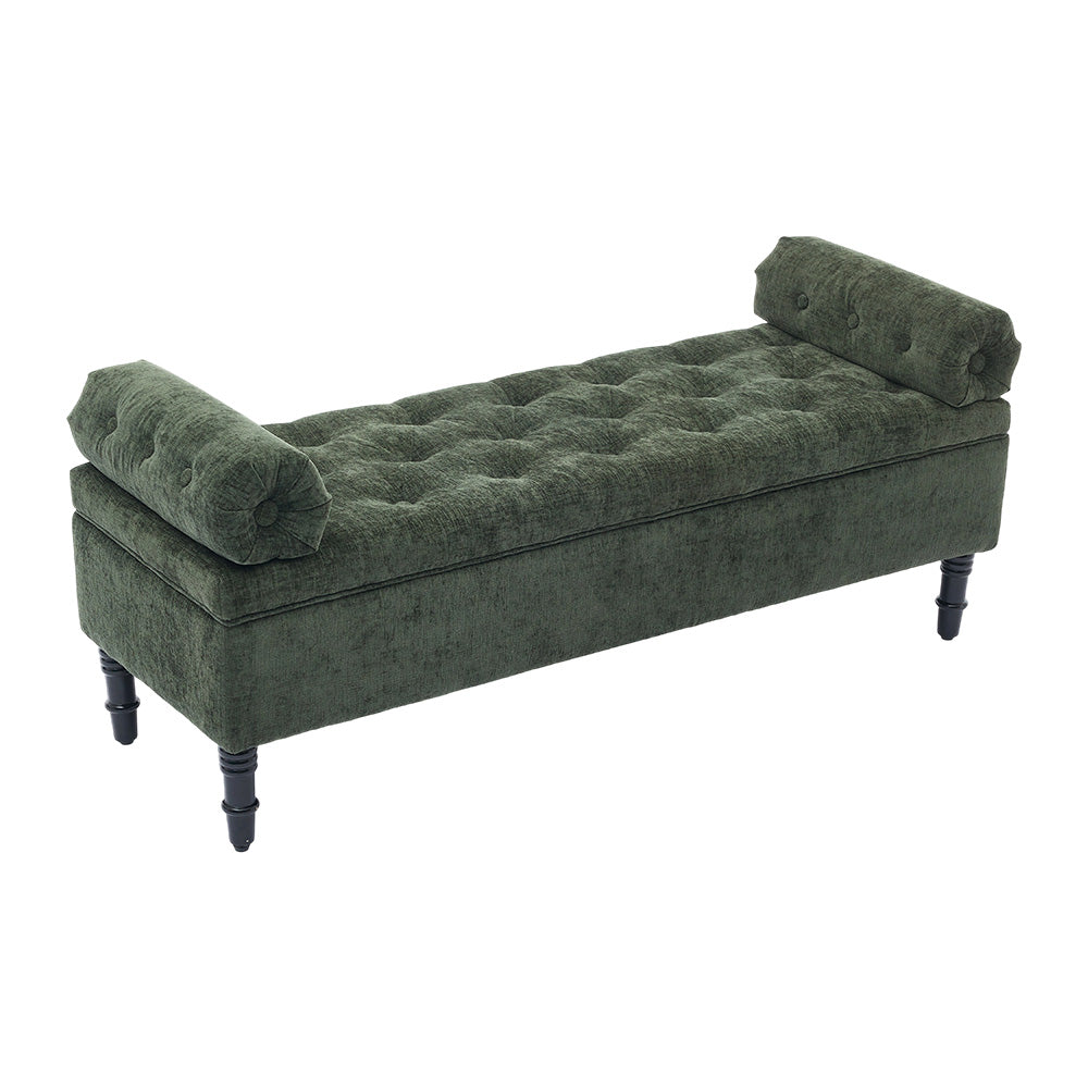 Chenille Fabric Storage Bench – Upholstered Seat With Pillowed Armrests & Hidden Compartment, 126cm W | Green