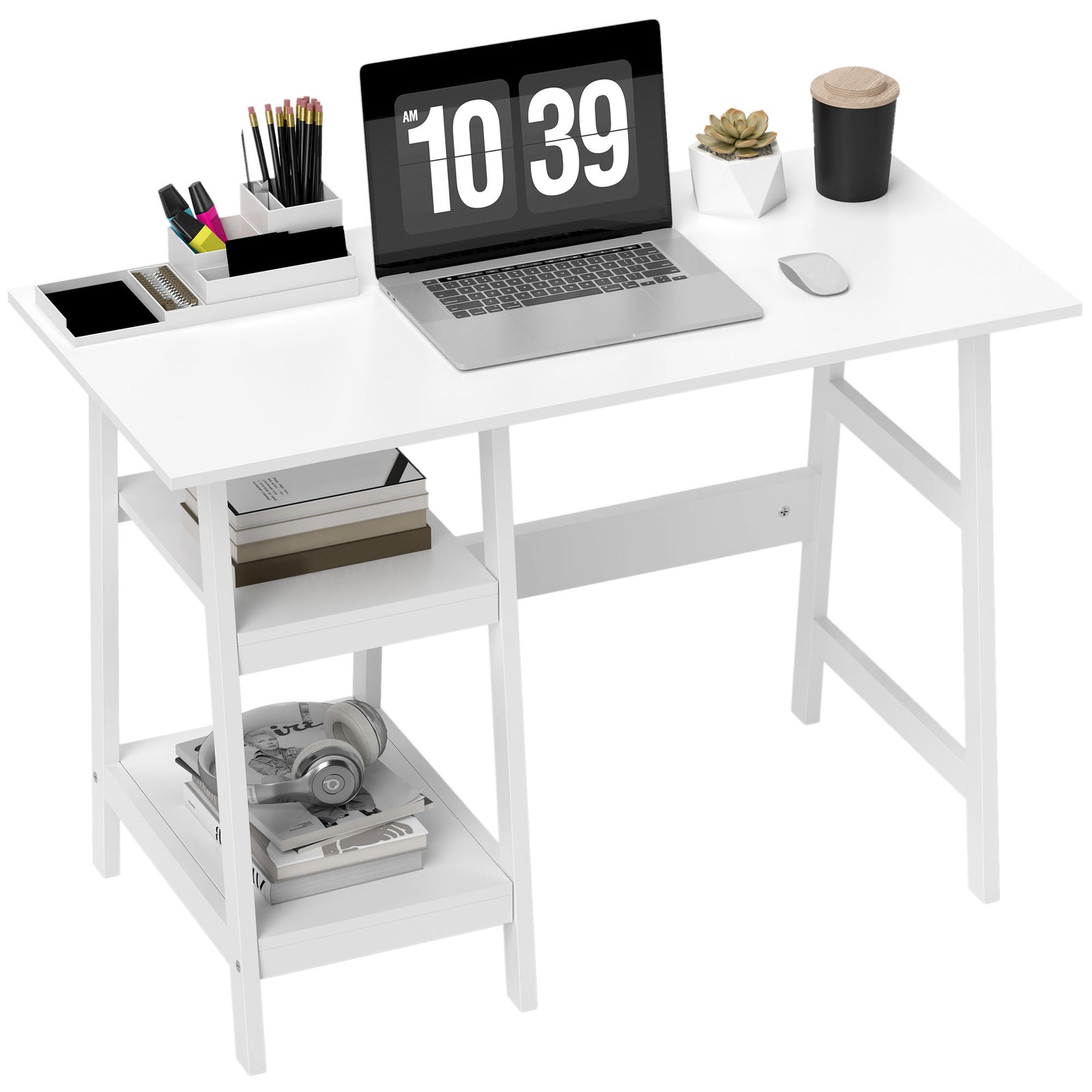 Compact Computer Desk With Storage Shelves For Home Office | White