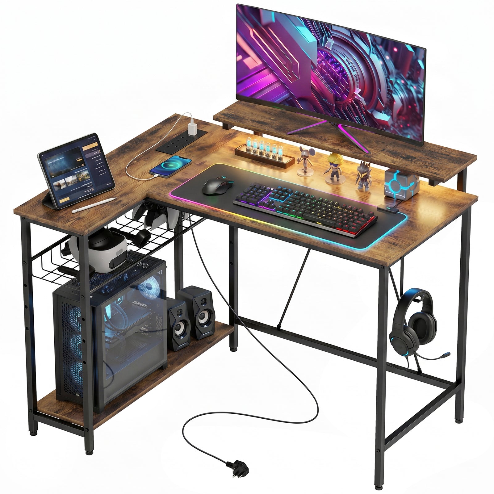L Shaped Desk With Led Lights And Storage | Rustic Brown