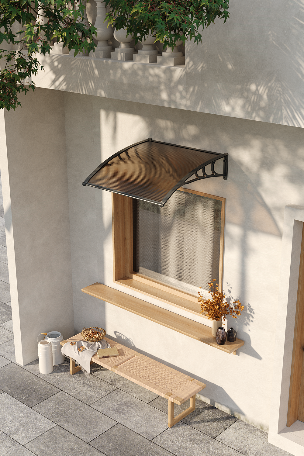 1-2.7m Curved Outdoor Door Window Awning Canopy - Transparent Brown PET Plastic Elegant Sun Rain Cover | XS | Brown