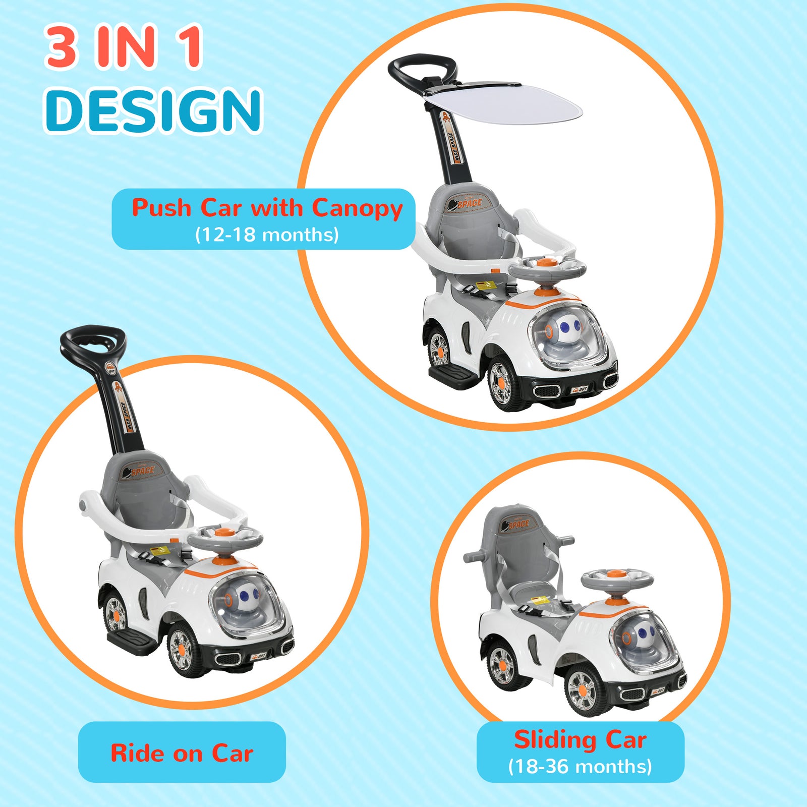 3 In 1 Ride On Push Car, Cartoon Robot Foot To Floor Slider | White