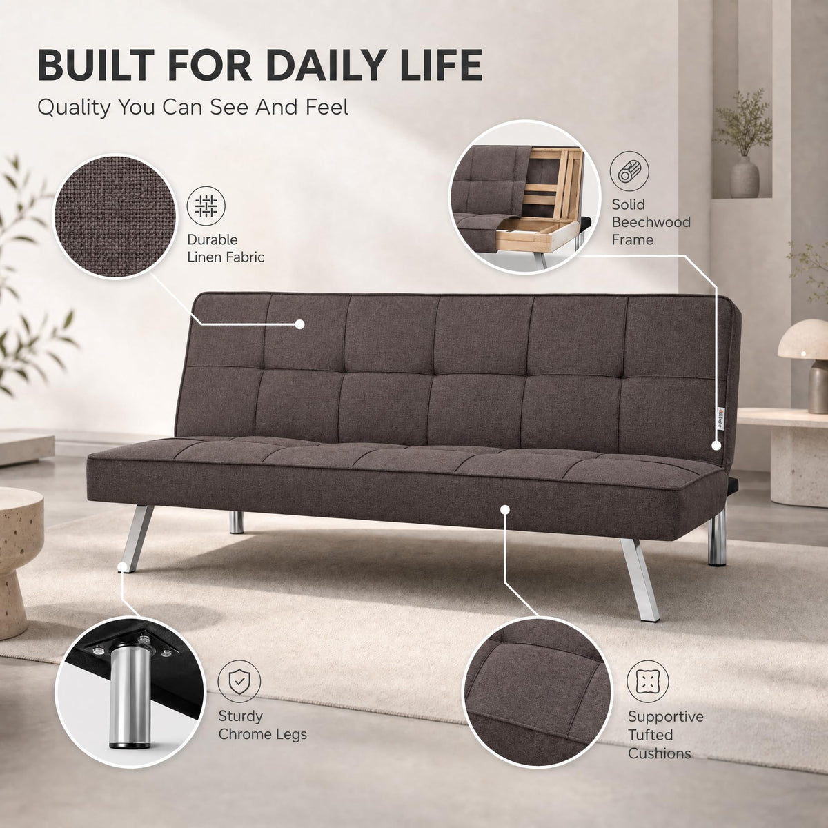 Britney Linen Sofa Bed 3 Seater | Brown