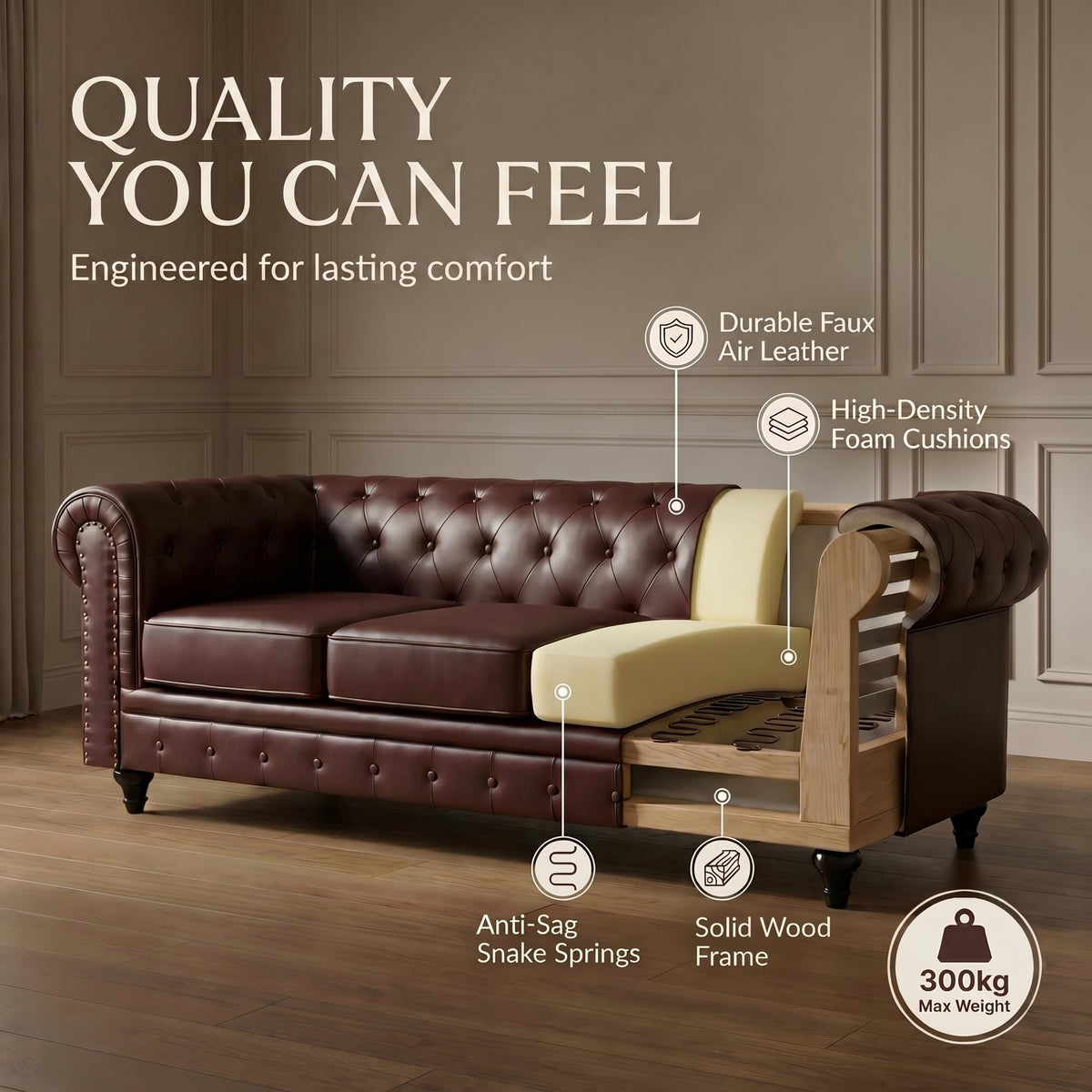 Chesterfield Scroll Arm Faux Leather Sofa 3 Seater | Brown