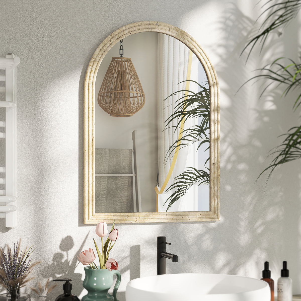 HOMCOM Arched Wall Mirror With Modern Tempered Glass & Polystyrene Beige