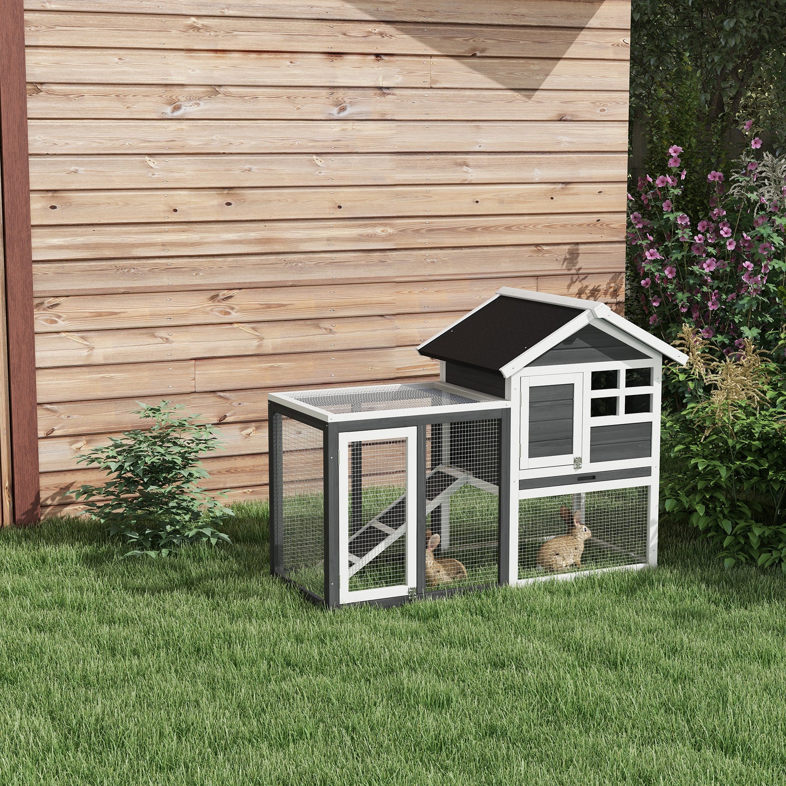 122cm Wooden Rabbit Hutch Bunny Cage Pet House With Tray Ladder Run | Grey