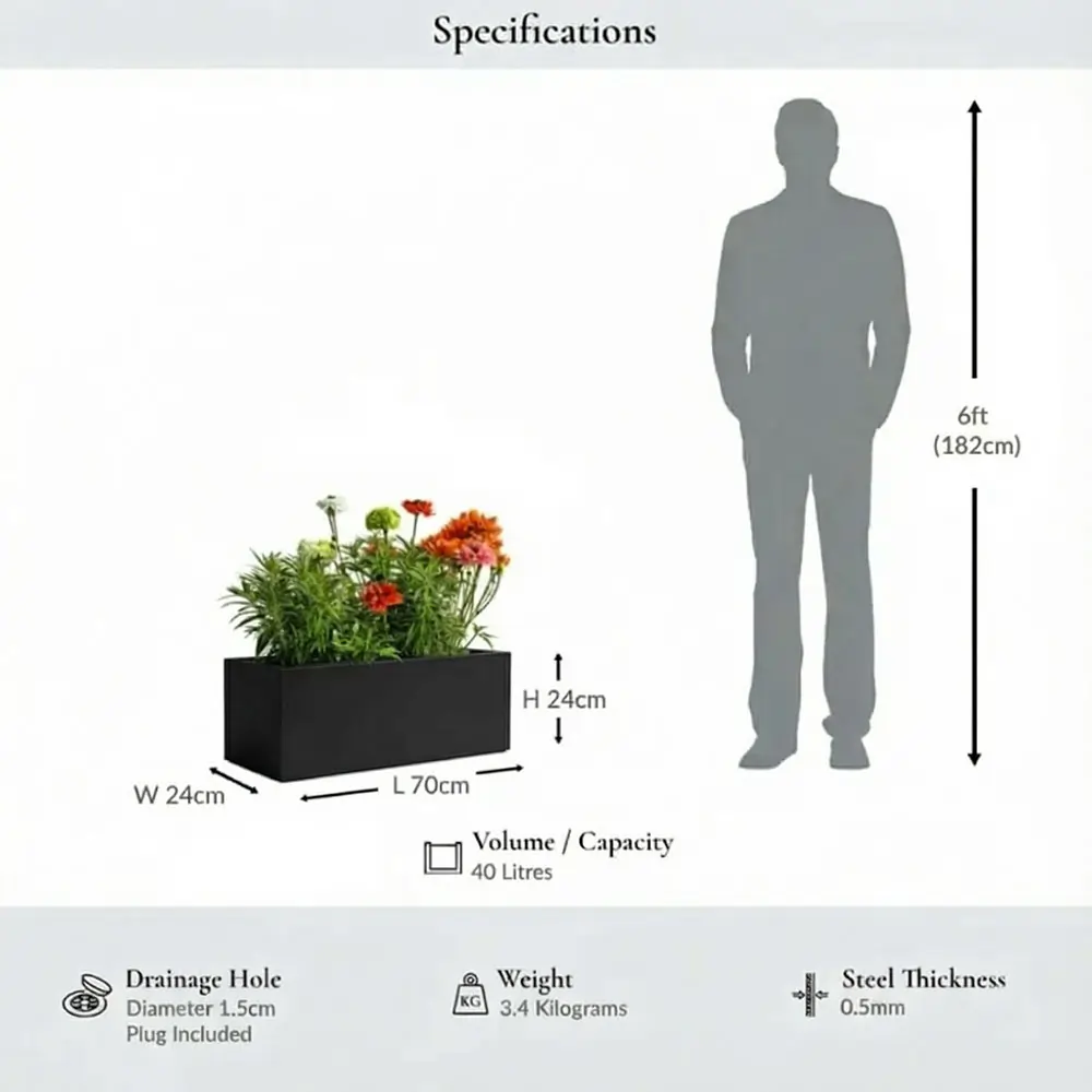 Zinc Galvanised Trough Planter | 70cm x 24cm x 24cm | Matte Black