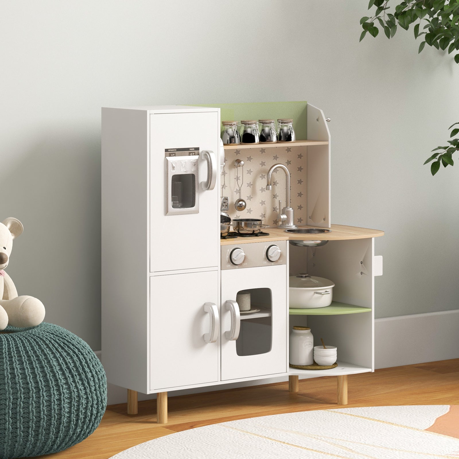 Toy Kitchen Playset W/ Phone, Ice Maker, Stove, Sink - White