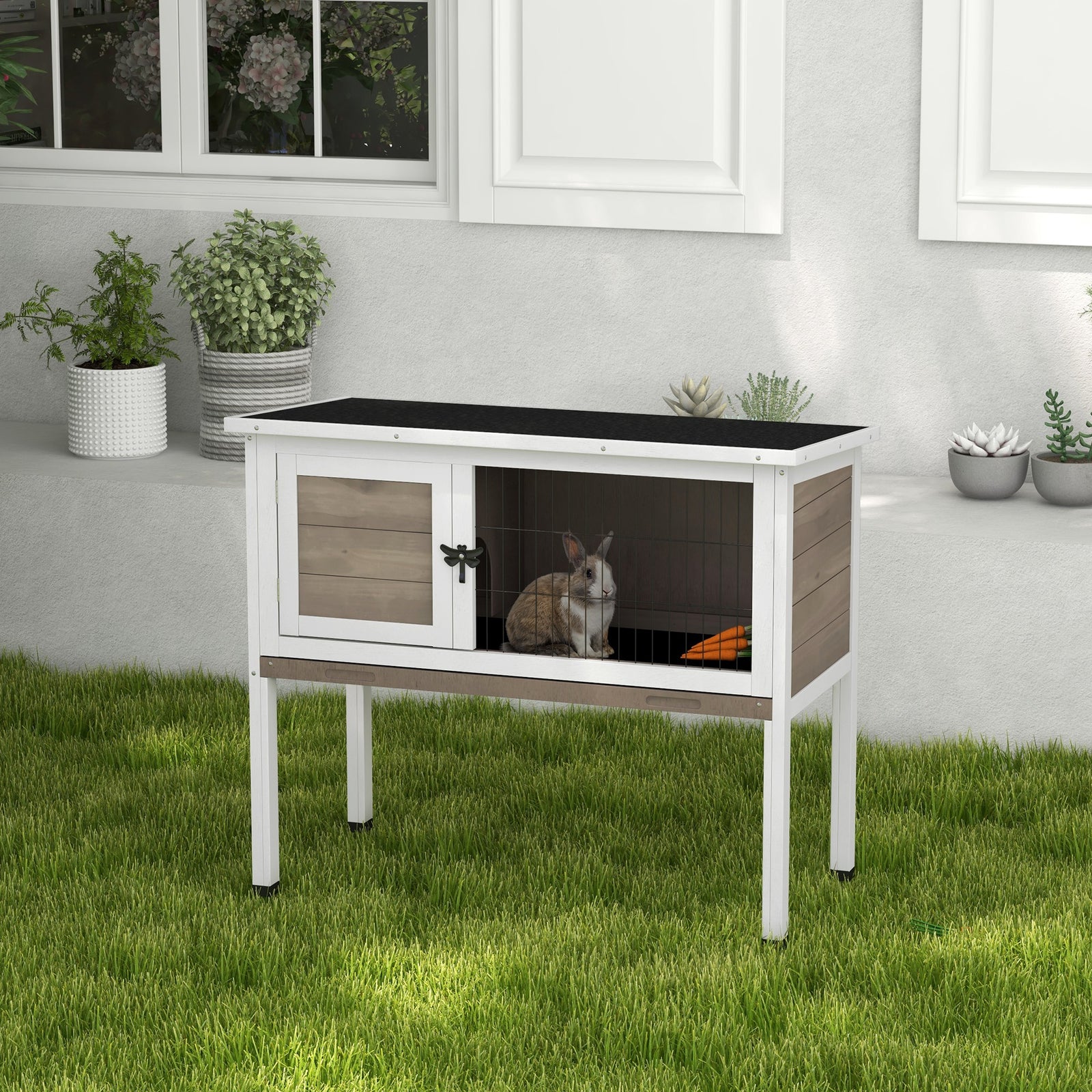 Large Elevated Indoor Outdoor Wooden Rabbit Hutch W/ Asphalt Roof, Tray | Brown