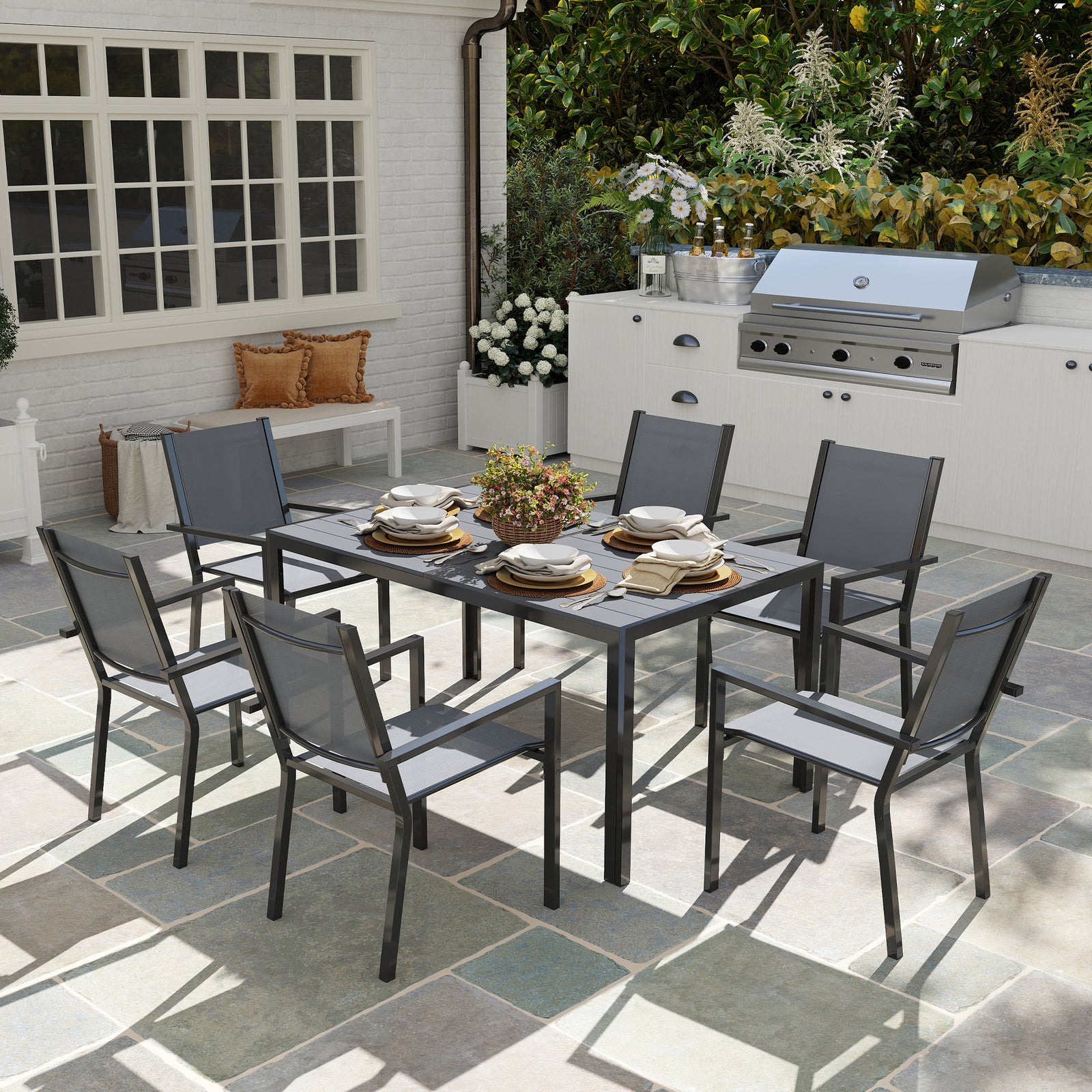 7-piece Wpc Dining Set, 6 Stackable Chairs, Rectangle