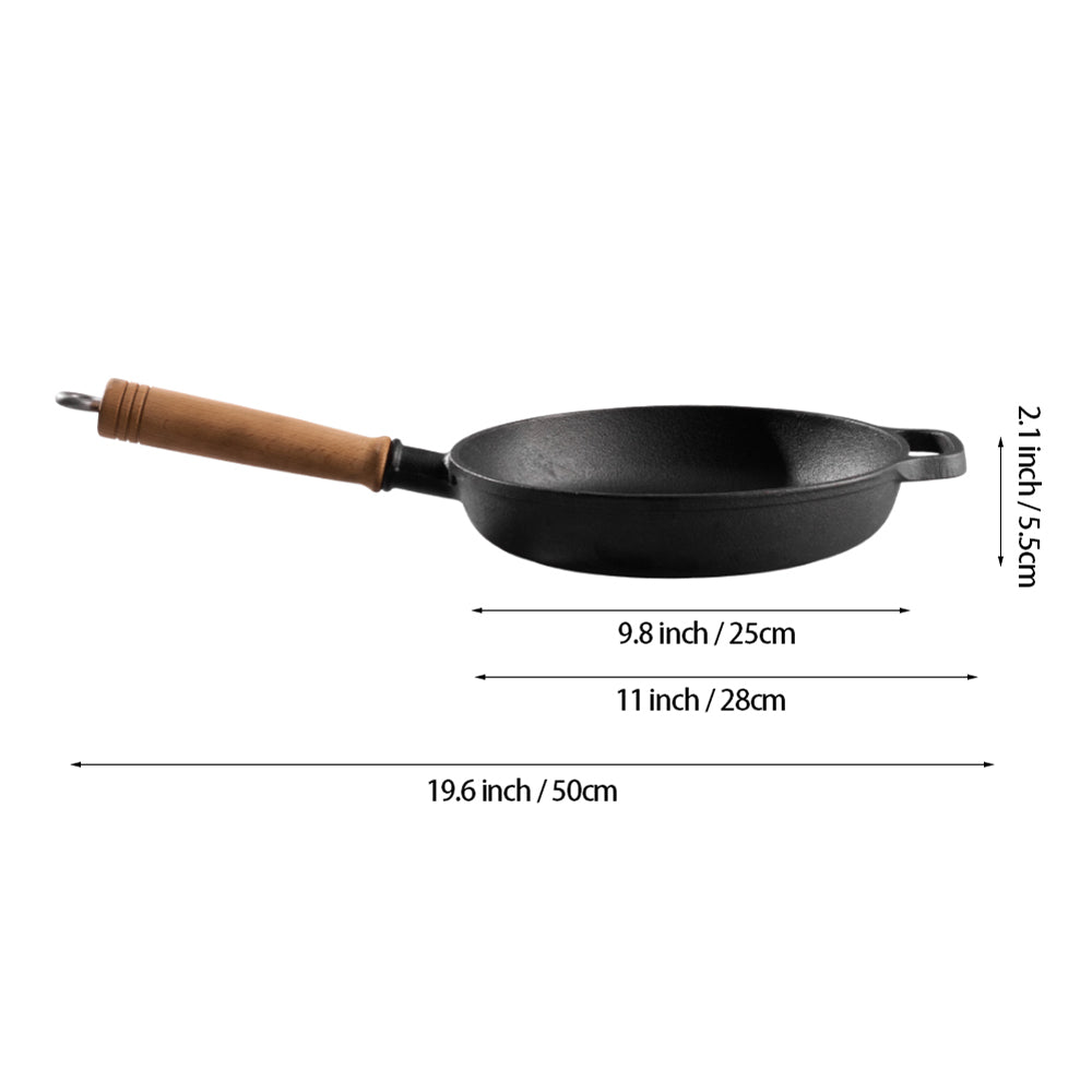 25/27cm Dia Round Cast Iron Skillet With Removable Wooden Handle | Small | Black