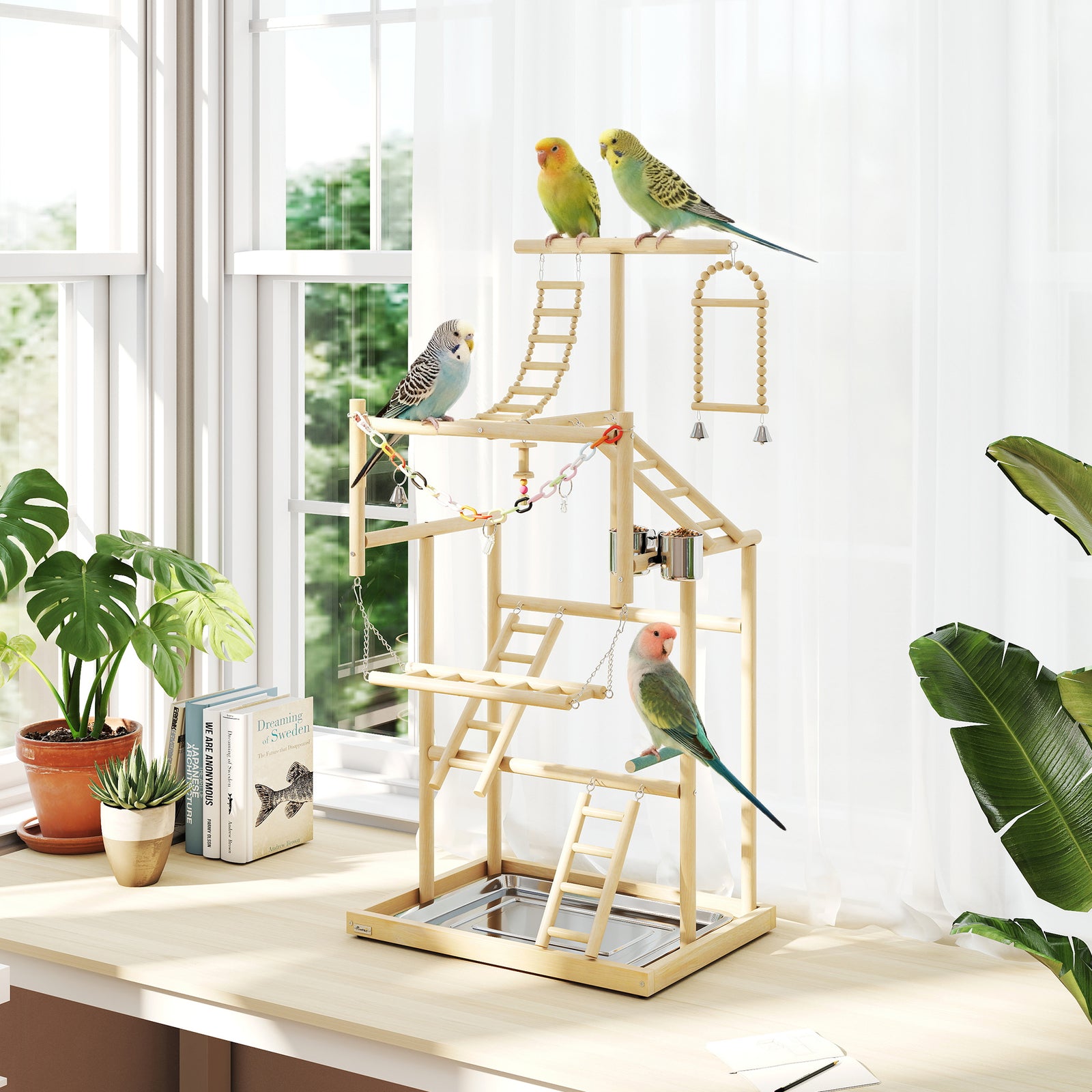 PawHut Wooden Bird Playground With Ladders, Chain Toy, Steel Cups And Tray