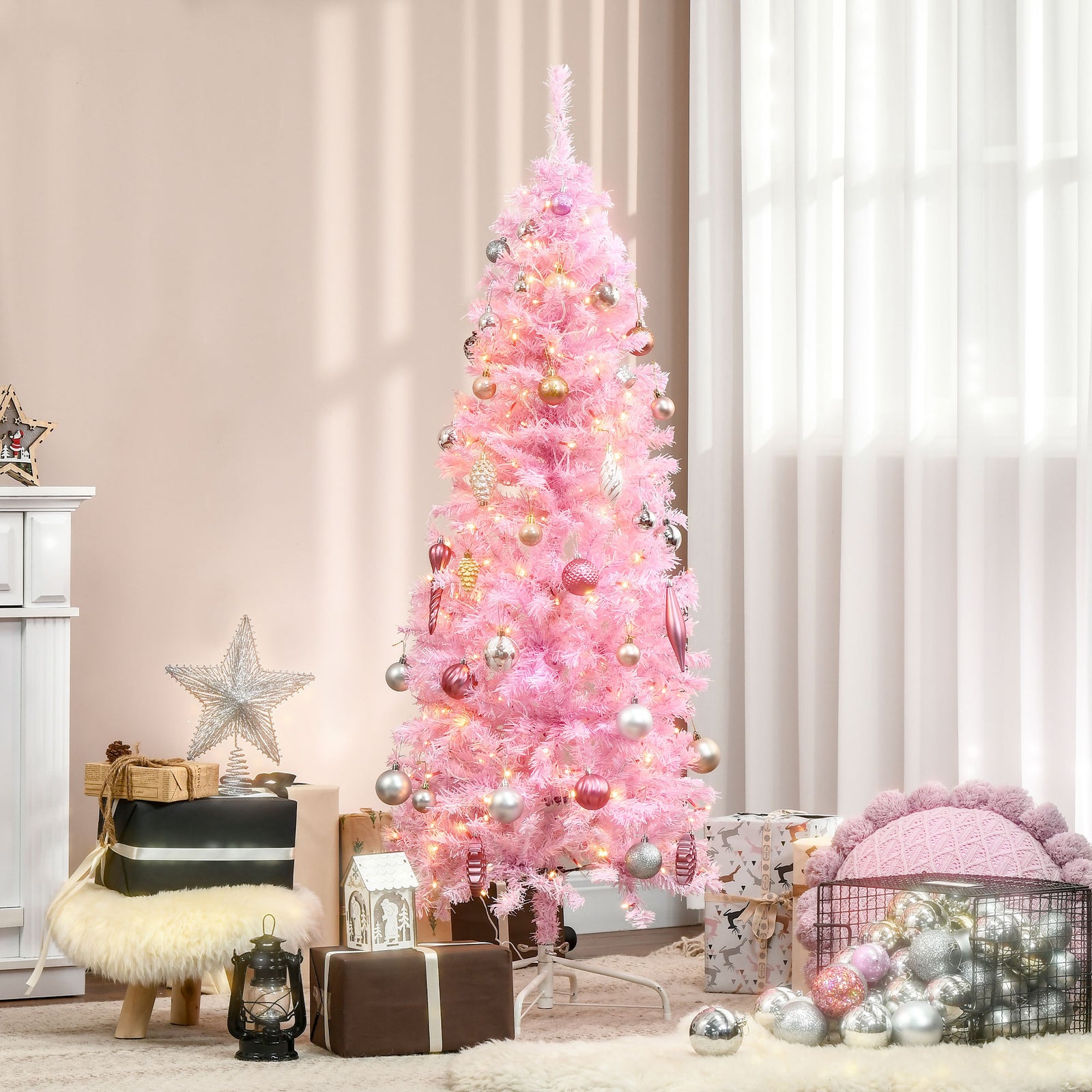5/6/7ft Tall Prelit Pencil Artificial Christmas Tree | 5ft | Pink