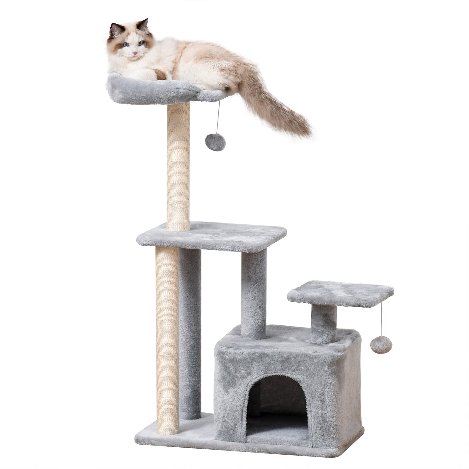 Cat Tree Activity Center W/ Scratching Post Sisal Hanging Ball Light Grey