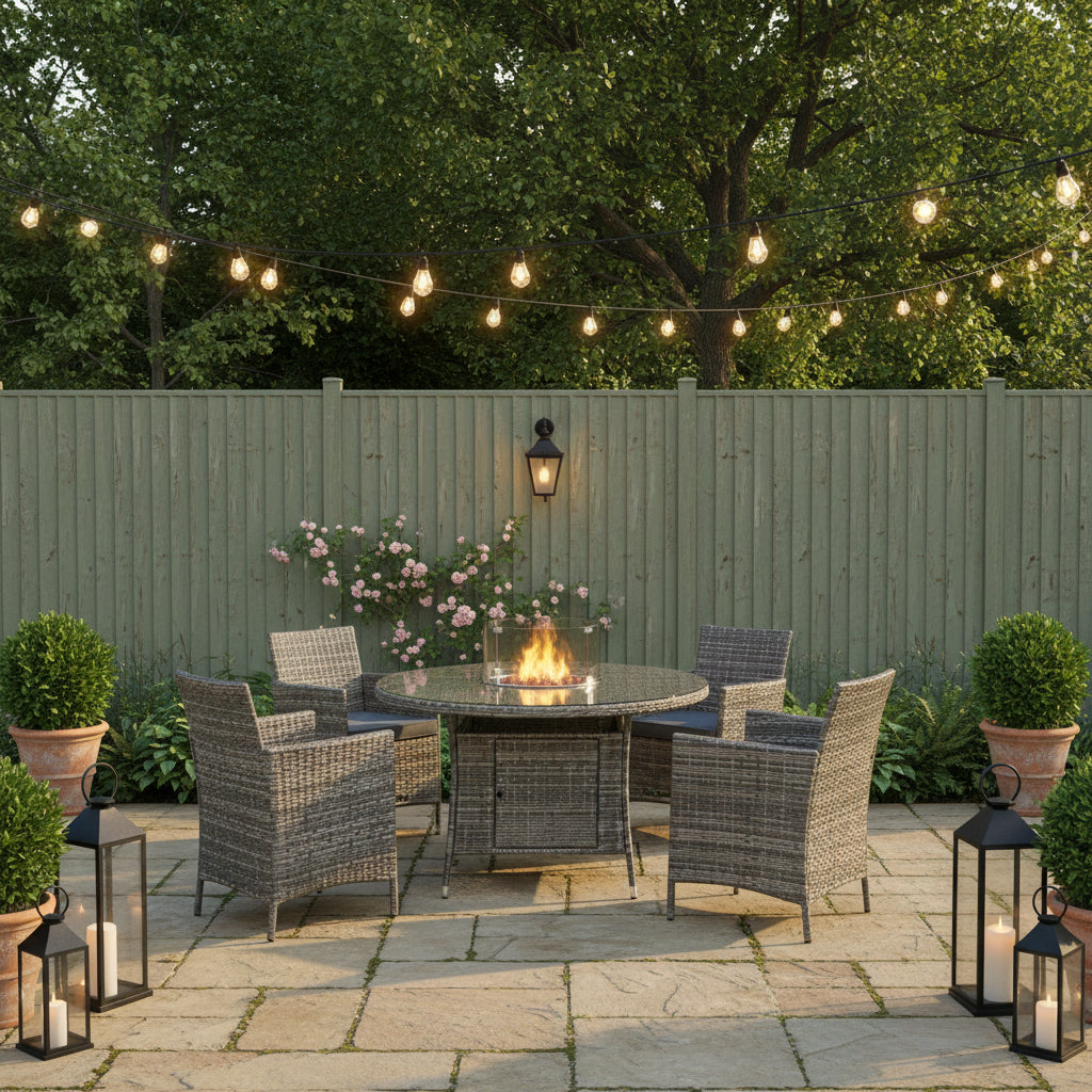Amazon Rattan Fire Pit Dining Set - Round Table With Chairs | 4 Chairs | Grey