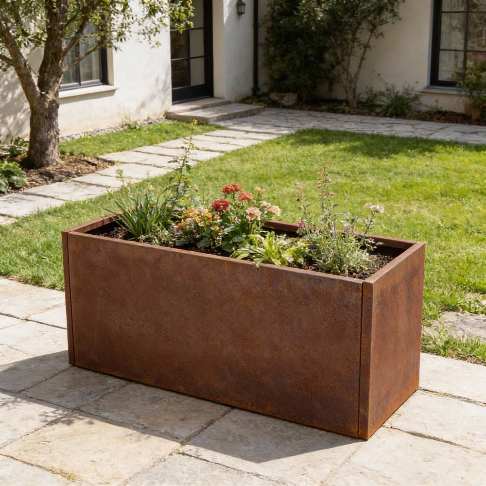 80/100cm W X 40cm D X 80cm H Rust Steel Flowerpot Outdoor Garden Weathering Metal Planter Box, Steel Planter With Drainage Hole | Large