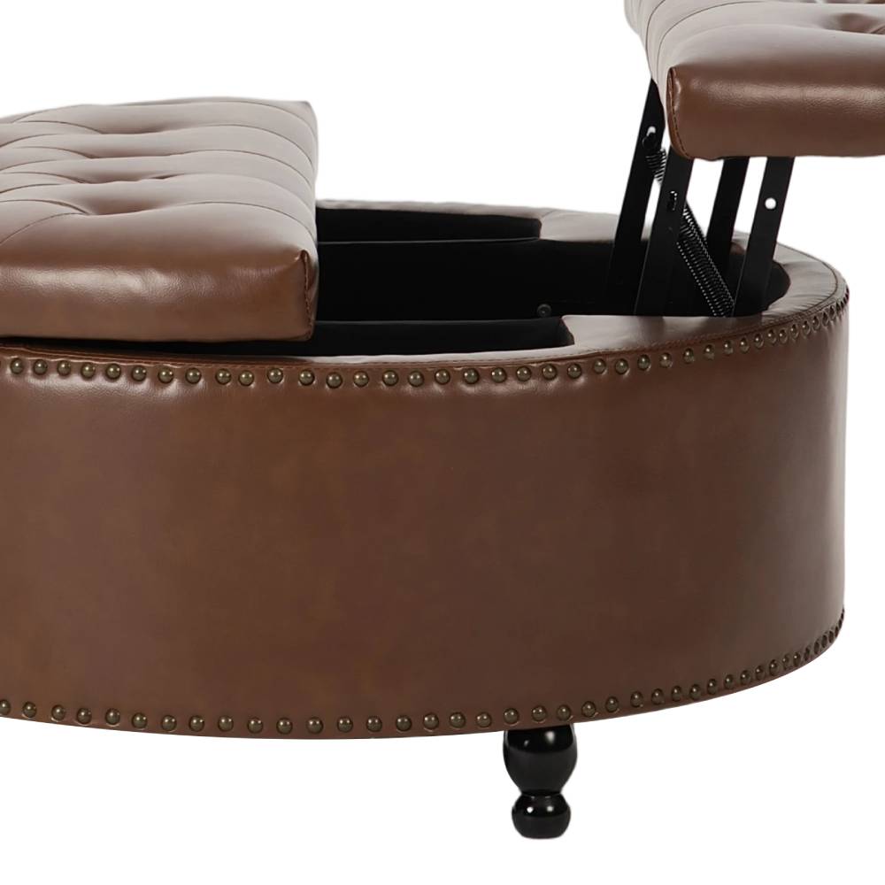 Round Pu Leather Upholstered Storage Ottoman With Lift-top & Flip Design | Brown