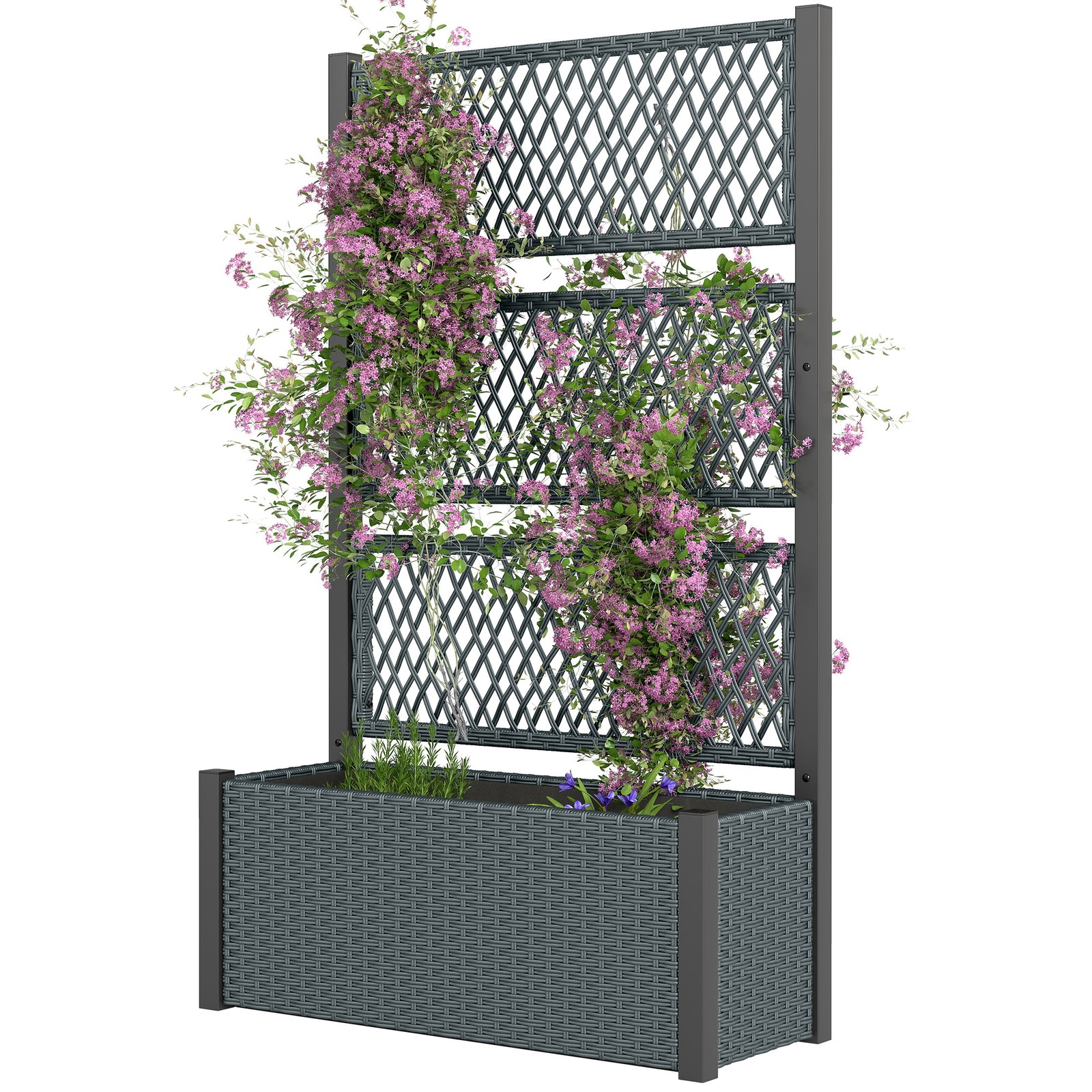 Garden Planter Box With Trellis, Rattan Raised Bed | Charcoal Grey