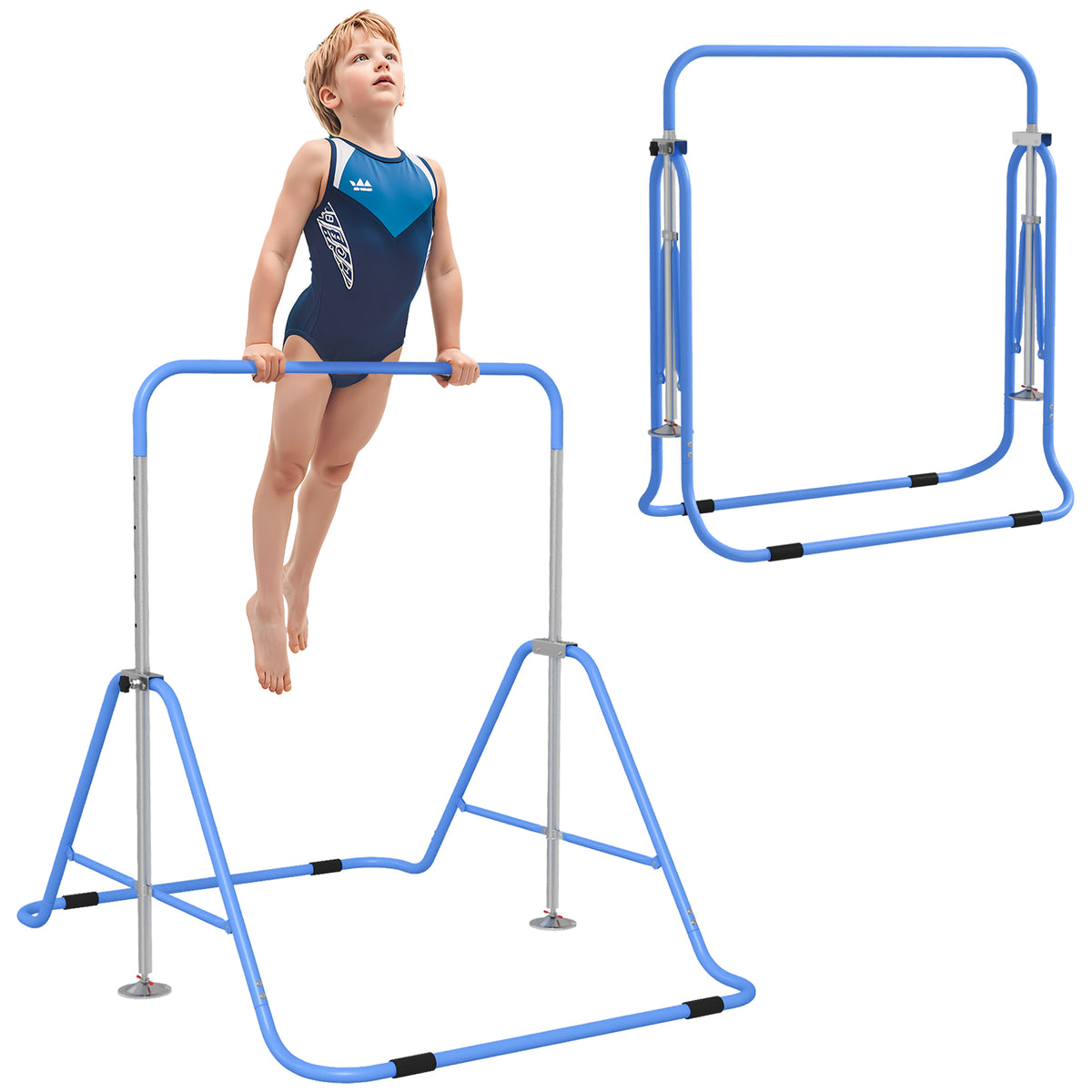 Kids Gymnastic Bar W/ Adjustable Height, Foldable Training Bar | Blue