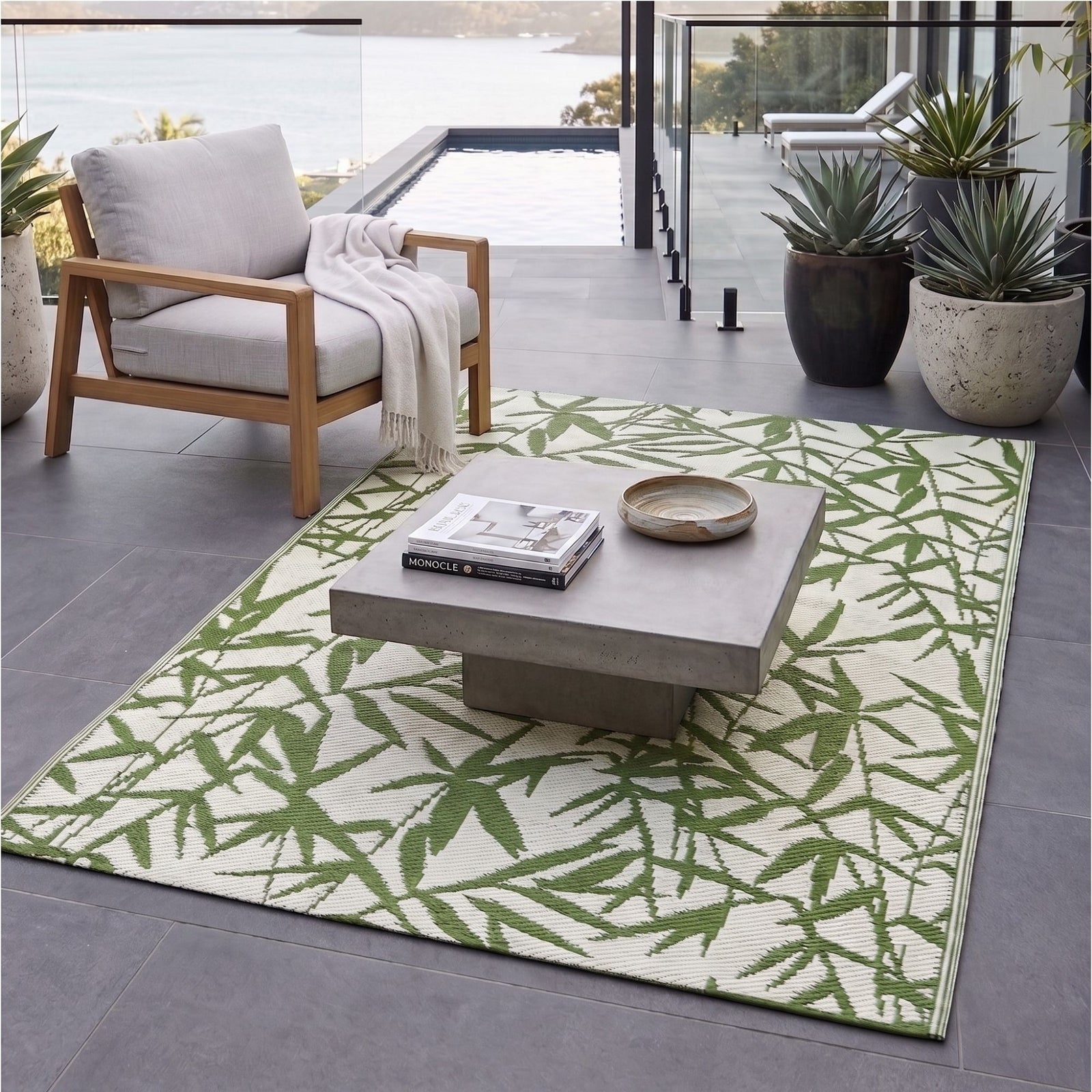 Luxury Outdoor Rug Waterproof Reversible For Garden Patio 100% Recycled, Green Zena Tropical | 180cm x 270cm | Green