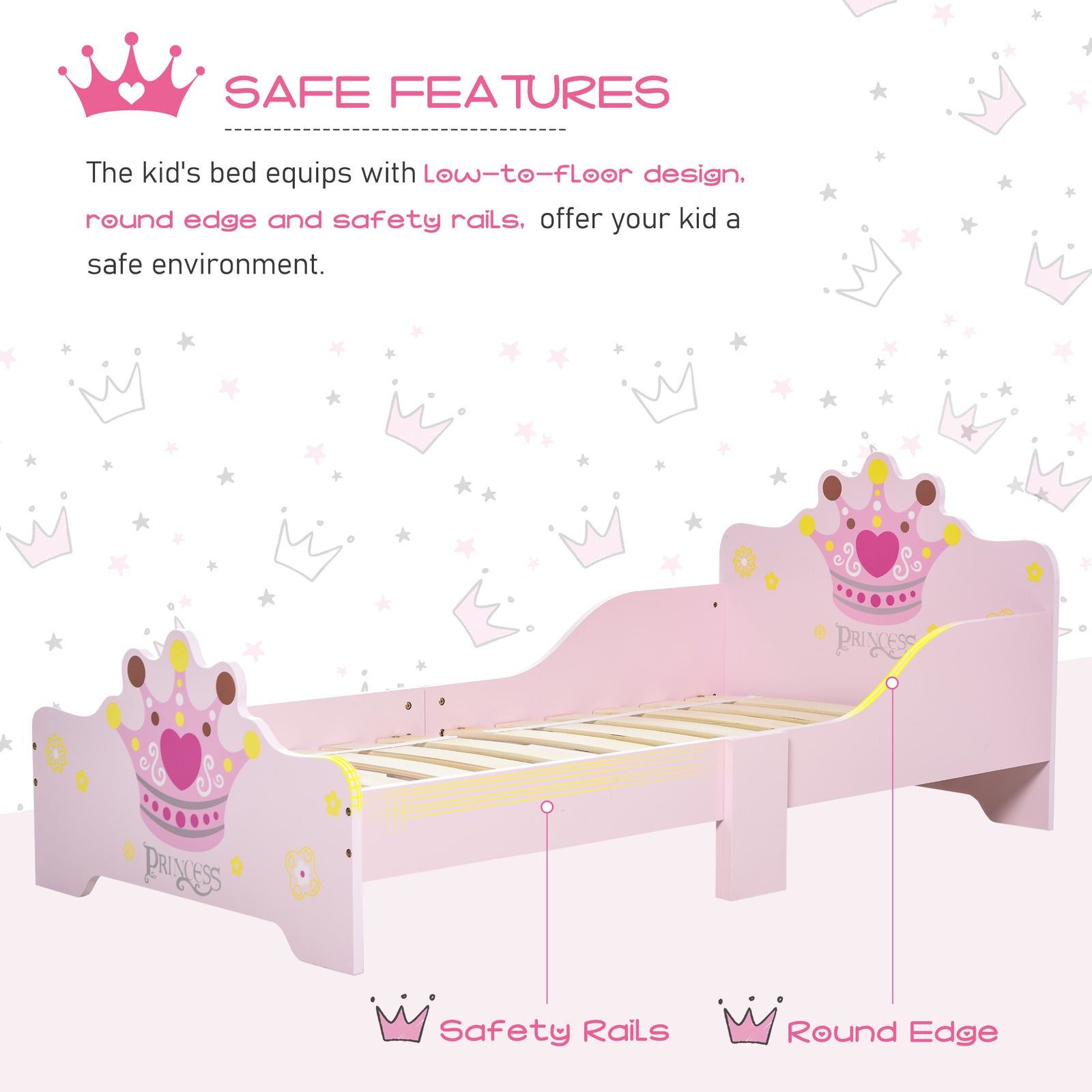 Kids Wooden Princess Crown & Flower Single Bed With Safety Side Rails Slats Pink