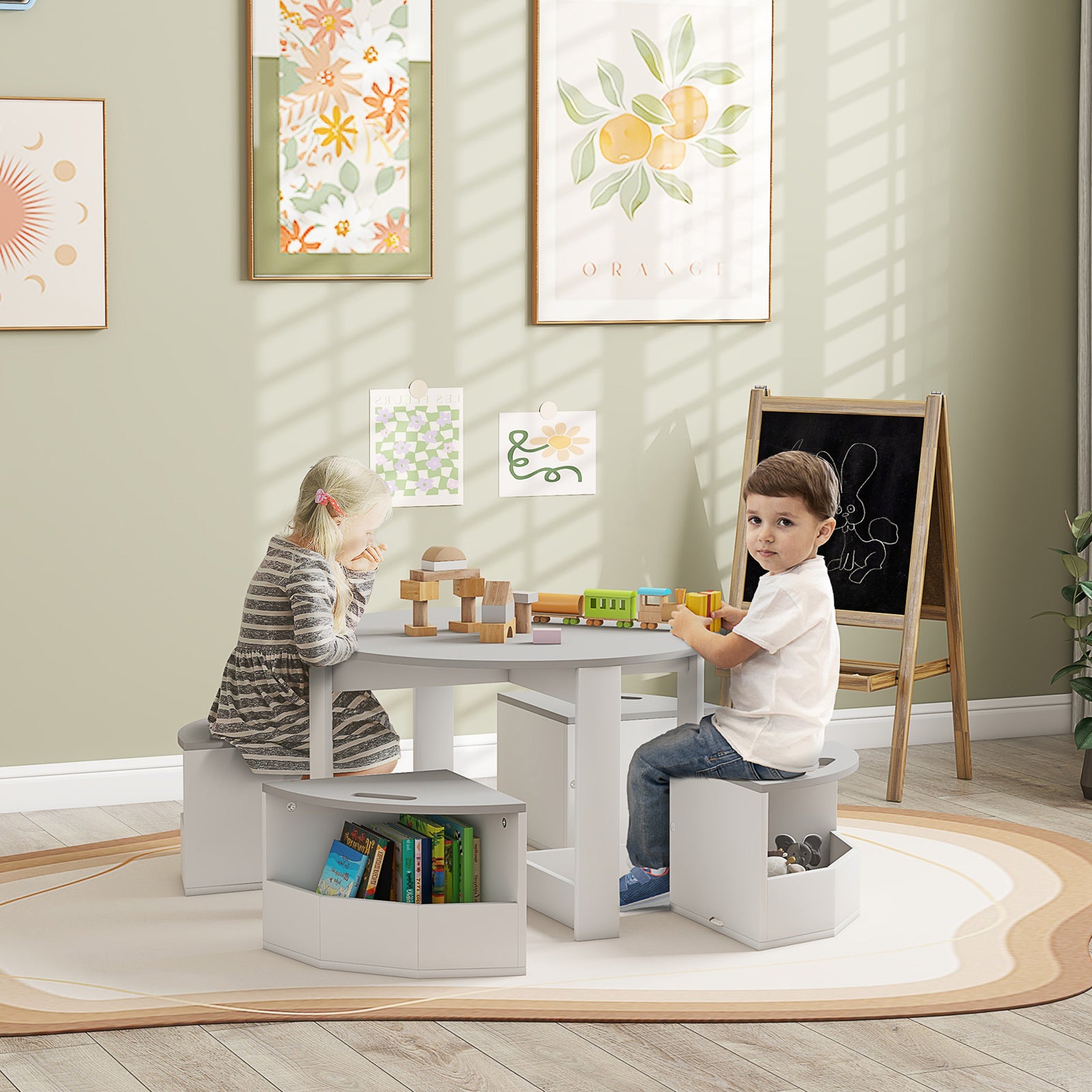 5-piece Kids Table And Chairs Set With Storage For Toddler 3-8 Years Old | Grey