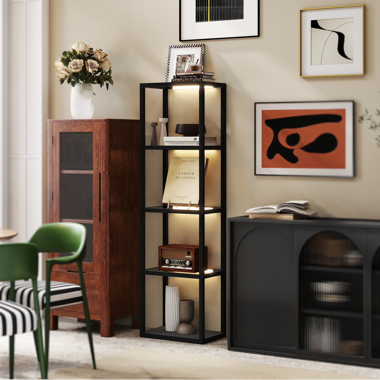 Led Floor Lamp With Glass Shelves, Dimmable Room Lamp | Black